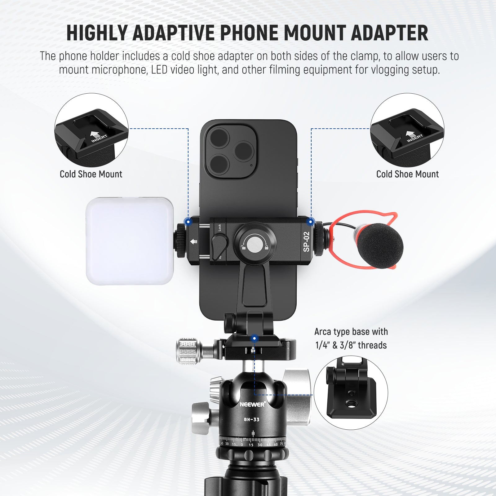 NEEWER SP 02 Smartphone Tripod Mount Adapter - Universal Phone Holder for iPhone, Samsung & Android - Perfect for Vlogging, Live Streaming & Photography
