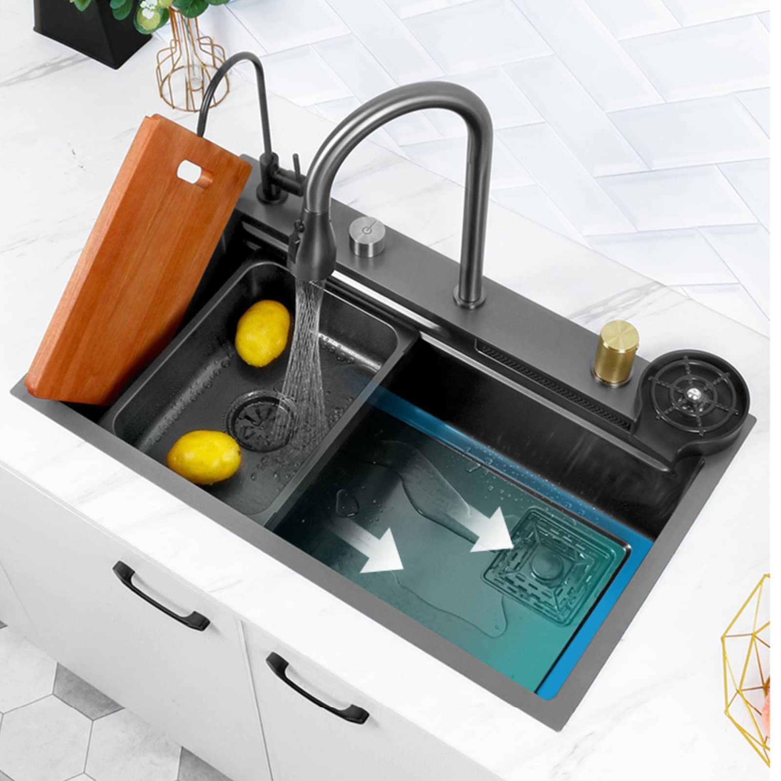 Premium Black Single Bowl Kitchen Sink - Stainless Steel Farmhouse Workstation Sink with Cup Washer | Bar Prep & Waterfall Design | Easy to Clean | Perfect for Modern Kitchens, Restaurants & Food Prep Stations