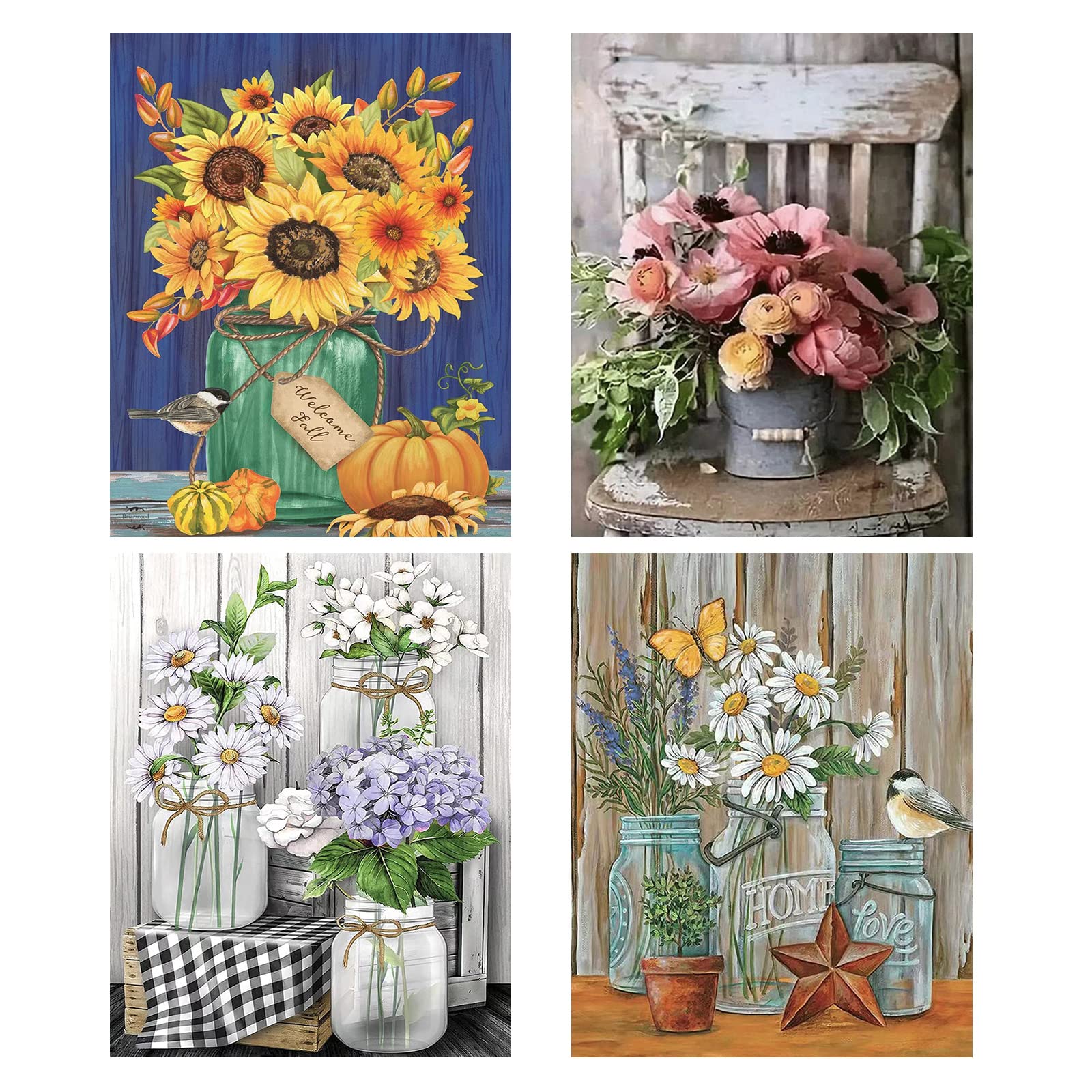4 Pack Sunflower Diamond Painting Kits for Adults & Kids - DIY 5D Full Drill Butterfly & Flower Diamond Dotz Art (12x16