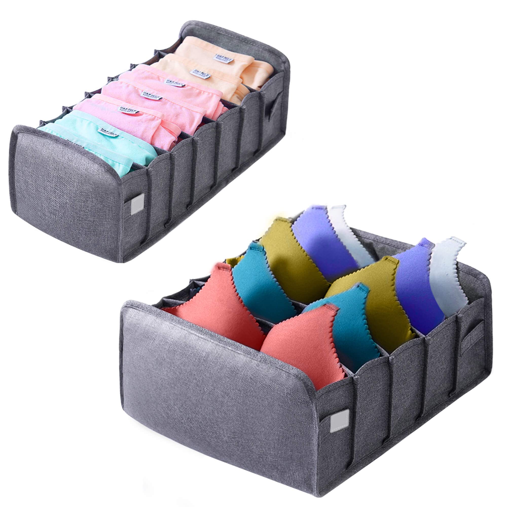 2 Pack Foldable Fabric Underwear & Bra Organizers - Closet Drawer Storage Cubes for Socks, Lingerie & Clothing - Space Saving Gray Organizer for Bedroom, Travel & Dorm Room Organization