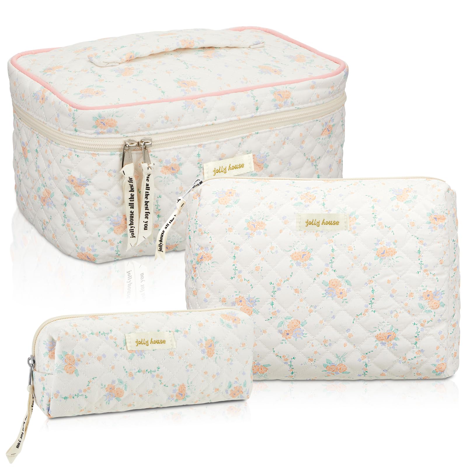 Zeyune 3-Piece Quilted Makeup Bag Set - Large Floral Cosmetic Organizer with Zipper - Travel Toiletry Storage for Women - Aesthetic Cute Cosmetic Pouch - Perfect for Valentine's Day, Easter Gifts, Home & Bathroom Organization (Apricot Peony) - Ideal for Travel, Daily Makeup Storage & Gift Giving