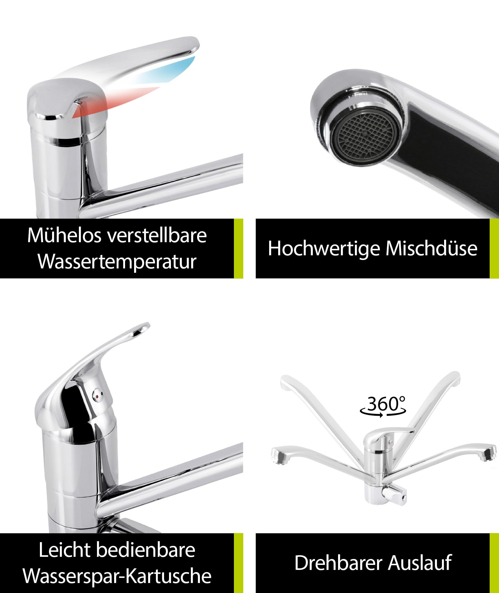 AquaSu® 796026 Water Saving Single Lever Kitchen Sink Faucet with Swivel Spout - Brass Core Chrome Finish for Modern Home & Restaurant Use