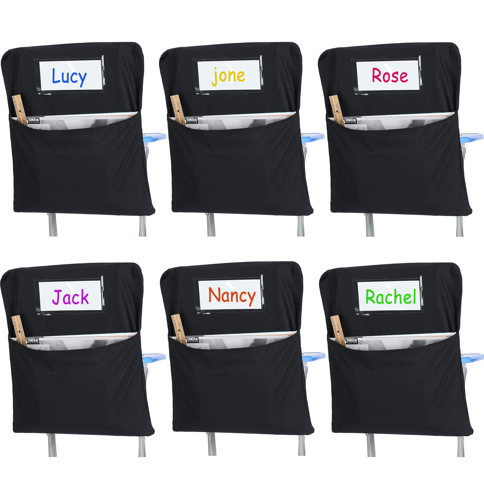 Maitys 6-Pack Large 17-Inch Chairback Pocket Organizers - Classroom Storage Pockets for Books, Supplies & Name Tags (Black) - Perfect for School Desks, Homeschool & Daycare Organization