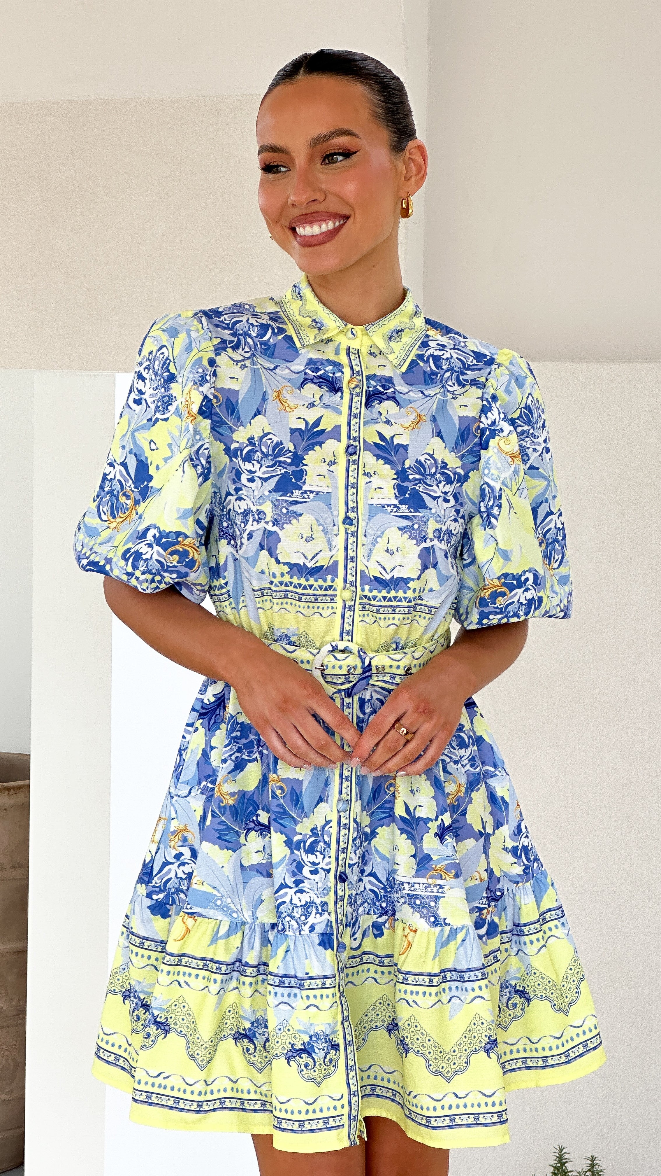 Kalliope Mini Dress for Women - Blue & Yellow Floral Summer Dress - Perfect for Beach, Vacation, and Casual Outings