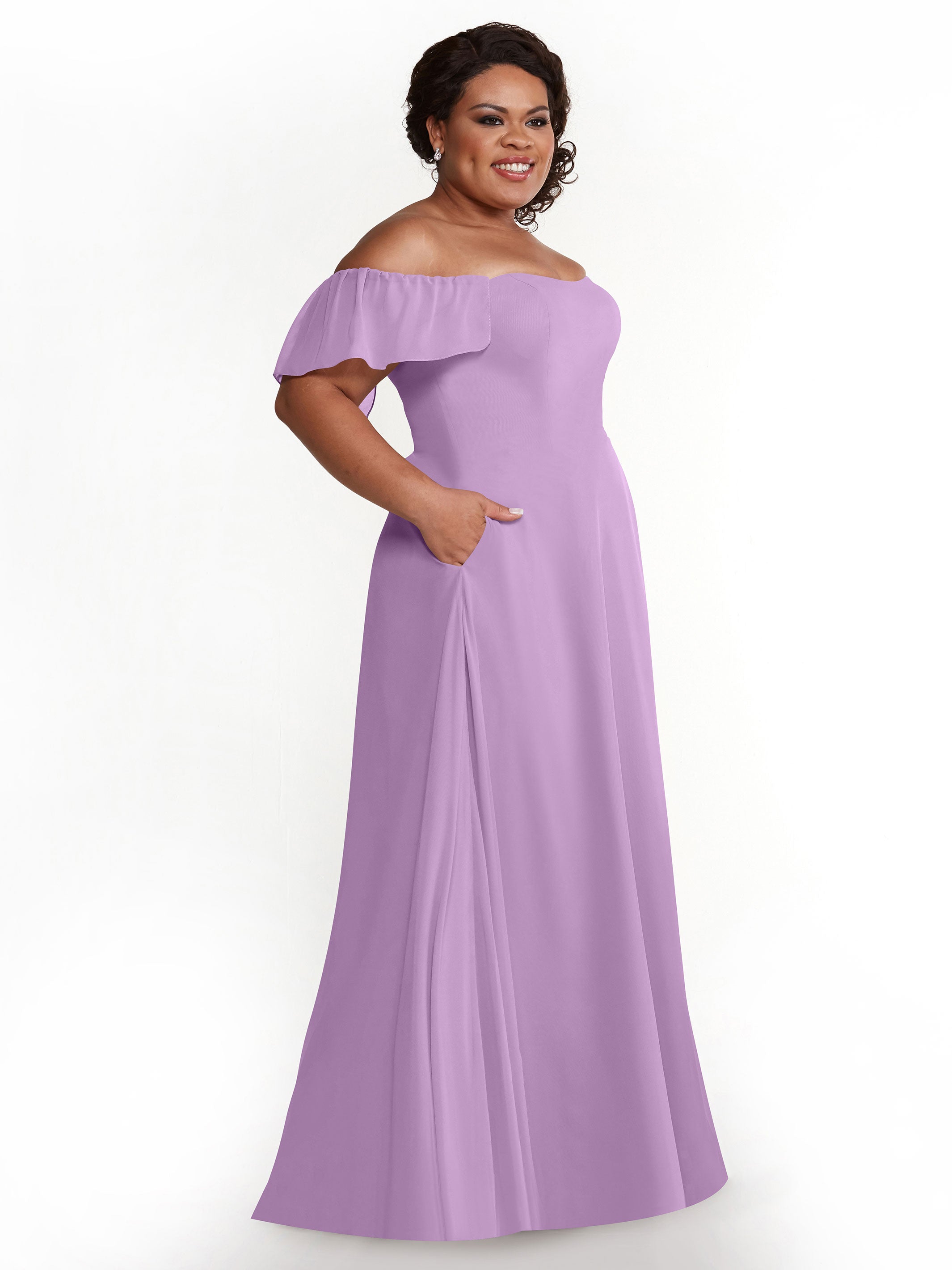 Elegant A-Line Off-The-Shoulder Chiffon Bridesmaid Dress with Pockets - 80168 | Perfect for Weddings, Formal Events & Special Occasions