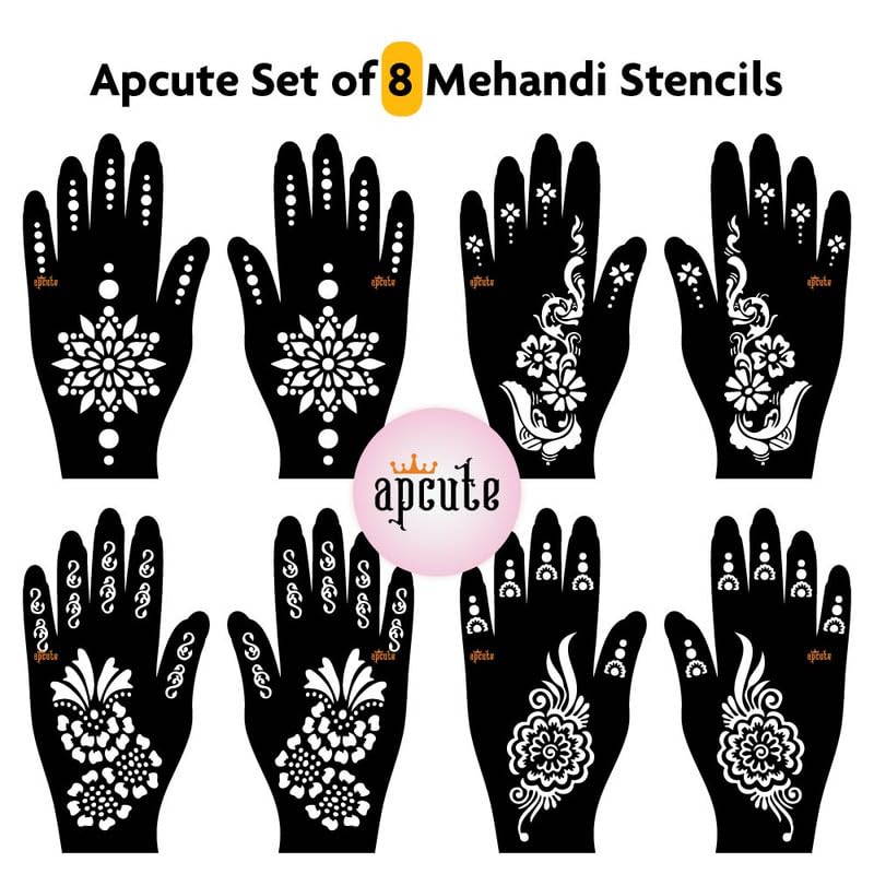APCUTE 8-Piece Full Hand Mehendi Stencil Set | Temporary Henna Tattoo Stickers for Women & Girls | Easy 4-Step Application (Designs 168,169,208,209) | Perfect for Weddings, Festivals & Cultural Celebrations