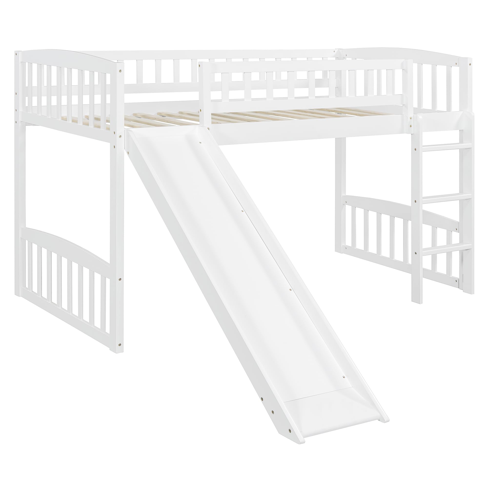 Twin Size Low Loft Bed with Slide and Ladder - Sturdy Wooden Loft Bed Frame for Kids, Girls & Boys - White - Perfect for Small Bedrooms, Playrooms & Dorm Rooms