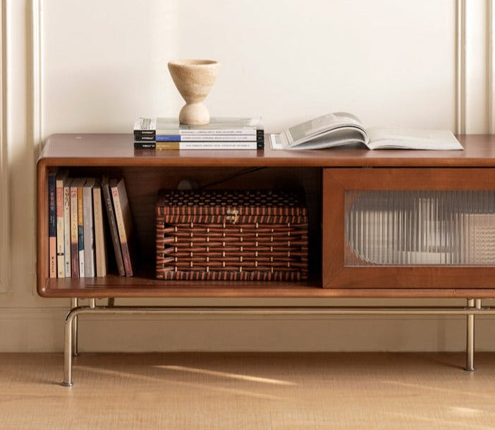 Solid Oak & Poplar Wood French Style TV Stand with Sliding Doors - Perfect for Living Room, Bedroom & Home Theater Storage