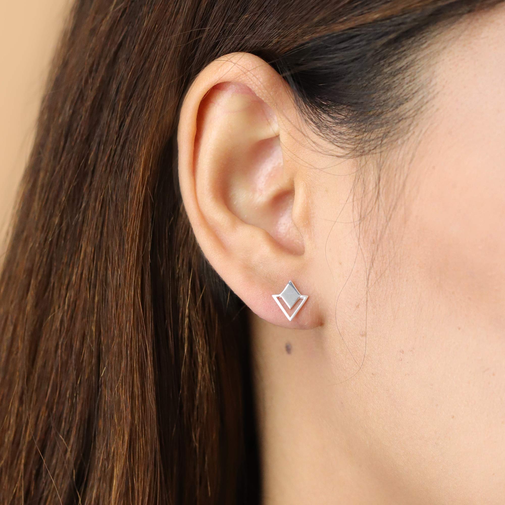 Sterling Silver Geometric Stud Earrings for Women - Diamond & Triangle Design