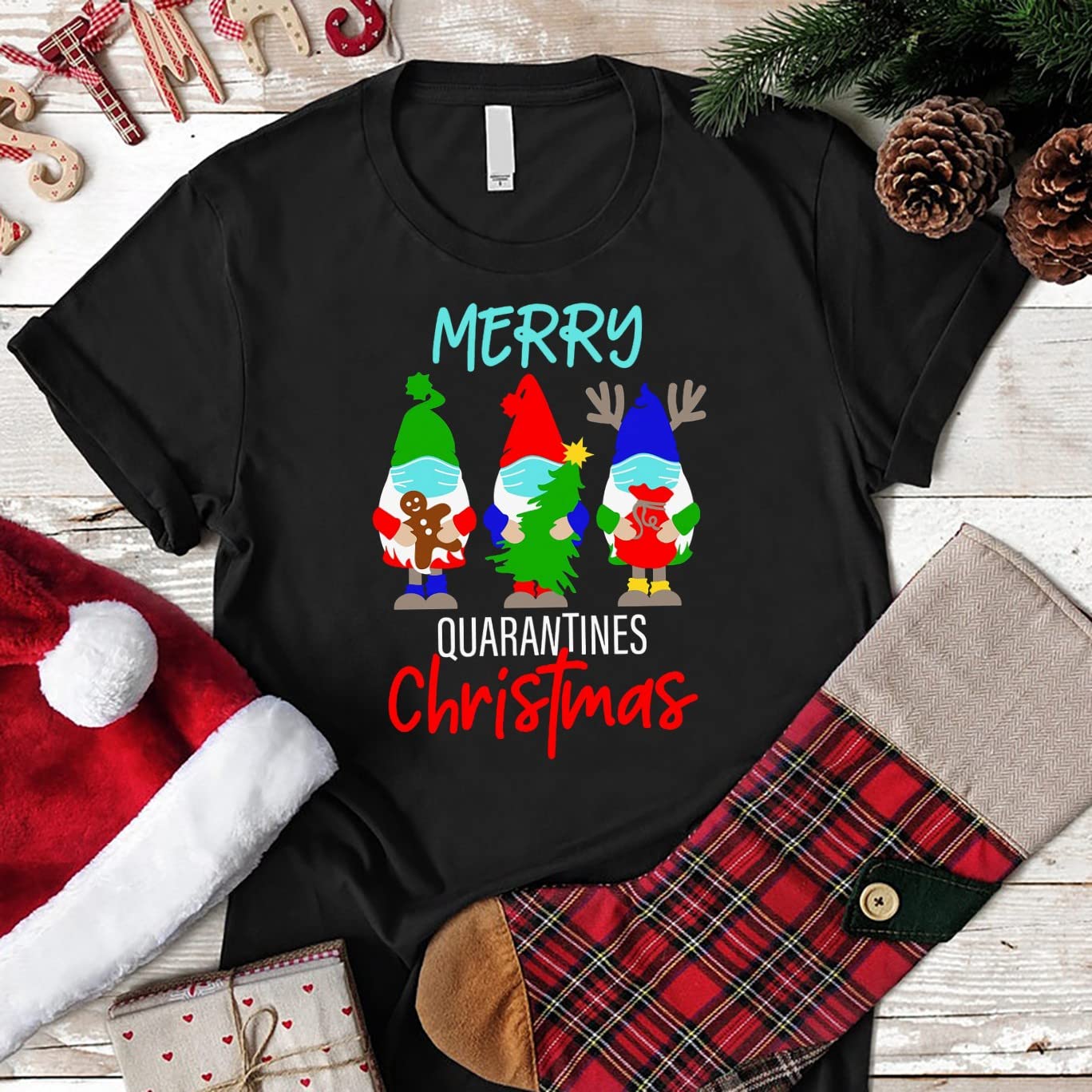 Custom Merry Quarantines Christmas T-Shirt with Gnomes Design - Personalized Name Winter Shirt for Holiday Gifts & Family Matching Outfits