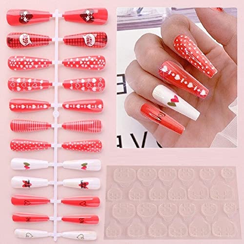 24 Pcs Press-On Nails - Pink Love Balloon Design, Long Lasting Valentine's Day Fake Nails with Glossy Finish, Reusable Artificial Nails for Women - Perfect for Parties, Weddings & Special Occasions