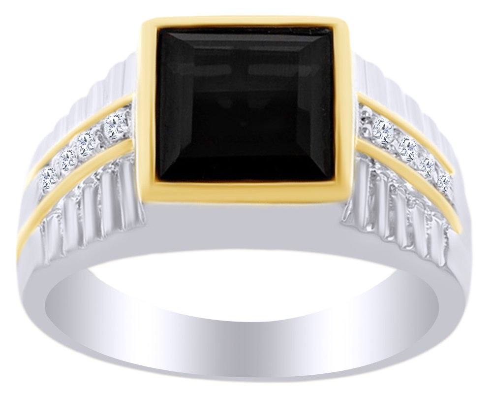 5.89 Ct Square Cut Black CZ & White Topaz Men's Ring in 14K Gold Over Sterling Silver - Elegant Two-Tone Jewelry Gift for Him, Perfect for Weddings, Anniversaries and Special Occasions