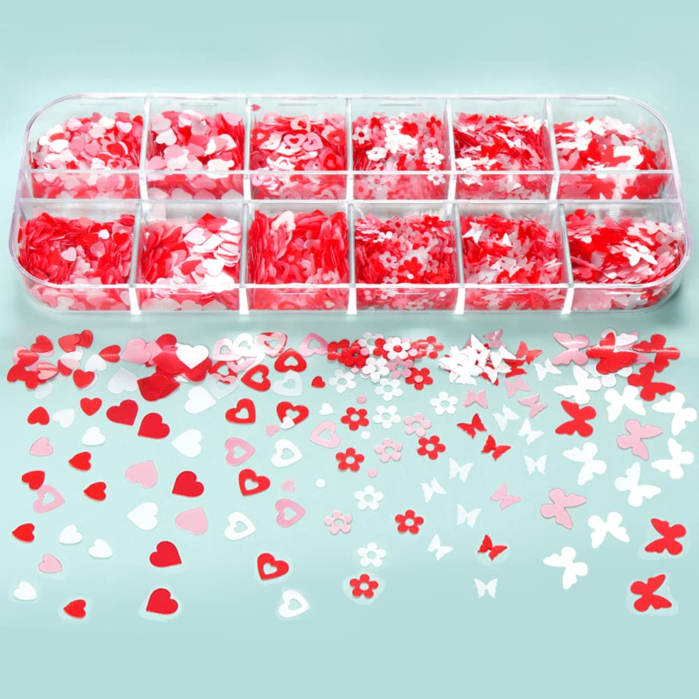 12 Grids Heart Nail Sequins - 3D Holographic Laser Nail Art Supplies with Love Hearts, Butterflies & White Flowers - Perfect for Valentine's Day Nail Designs, DIY Manicures & Party Decorations