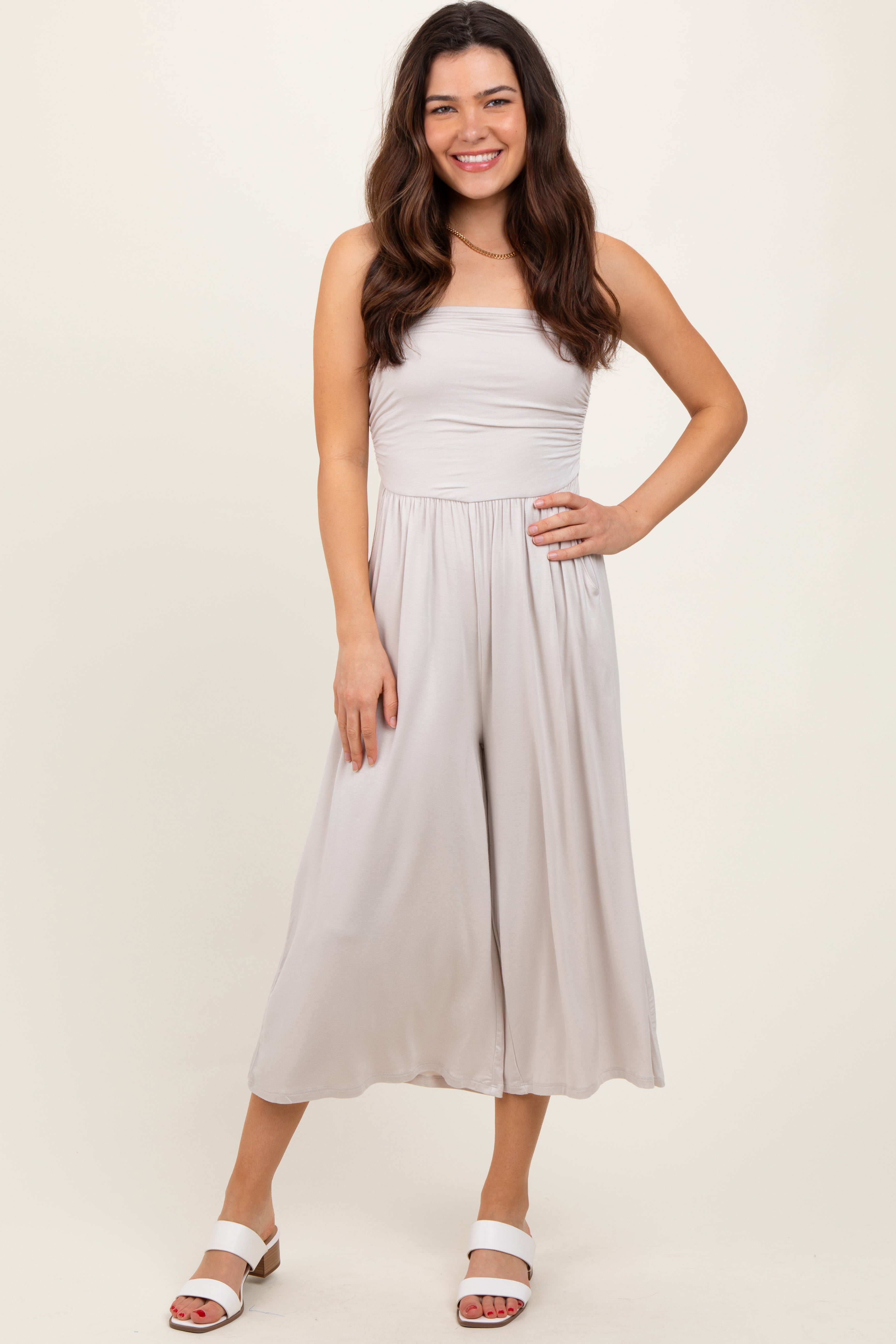Beige Double Layered Strapless Tube Top Jumpsuit for Women - Summer Casual Romper Outfit for Beach, Party & Vacation
