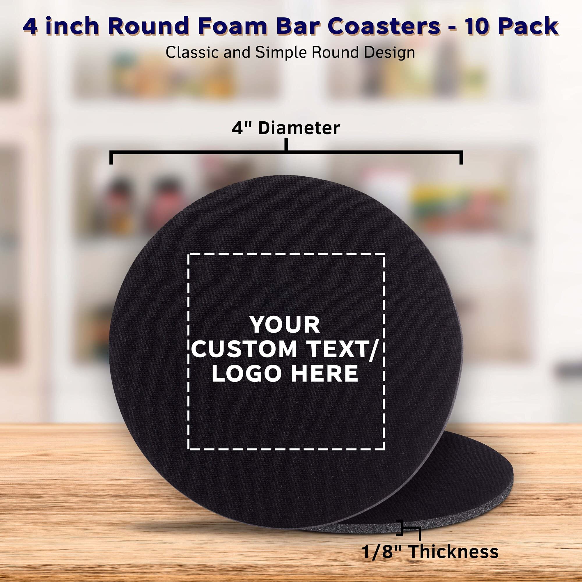 10 Pack 4 Inch Round PU Foam Drink Coasters - Custom Printed with Text & Logo - Waterproof Bar Coasters for Parties, Weddings, Home & Office Use - Black (Set of 10)