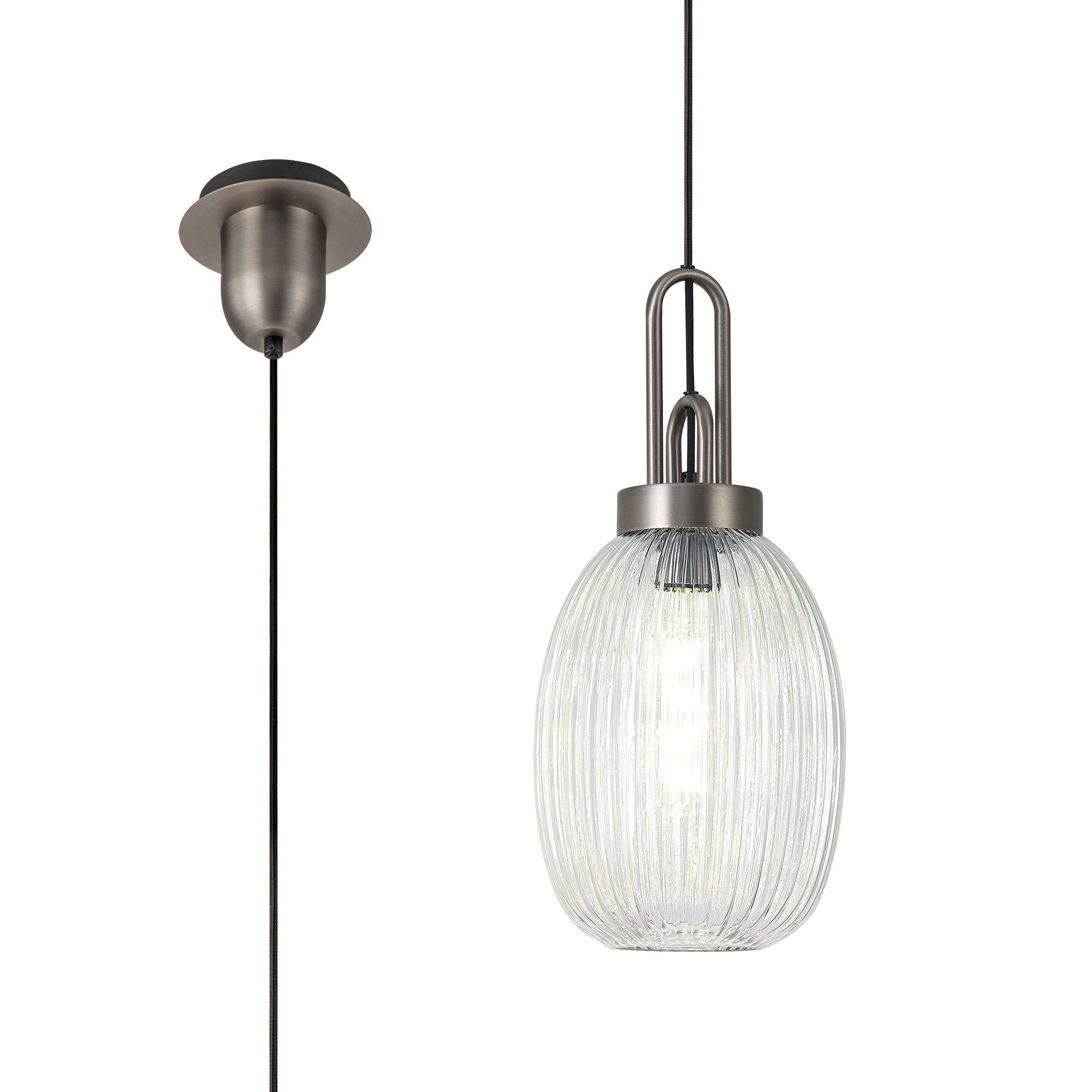 Cadiz 1-Light Pendant Light Fixture with 20cm Almond Ribbed Glass Shade, E27 Socket, IP20 Rated - Perfect for Kitchen Island, Dining Room, or Bedroom Lighting