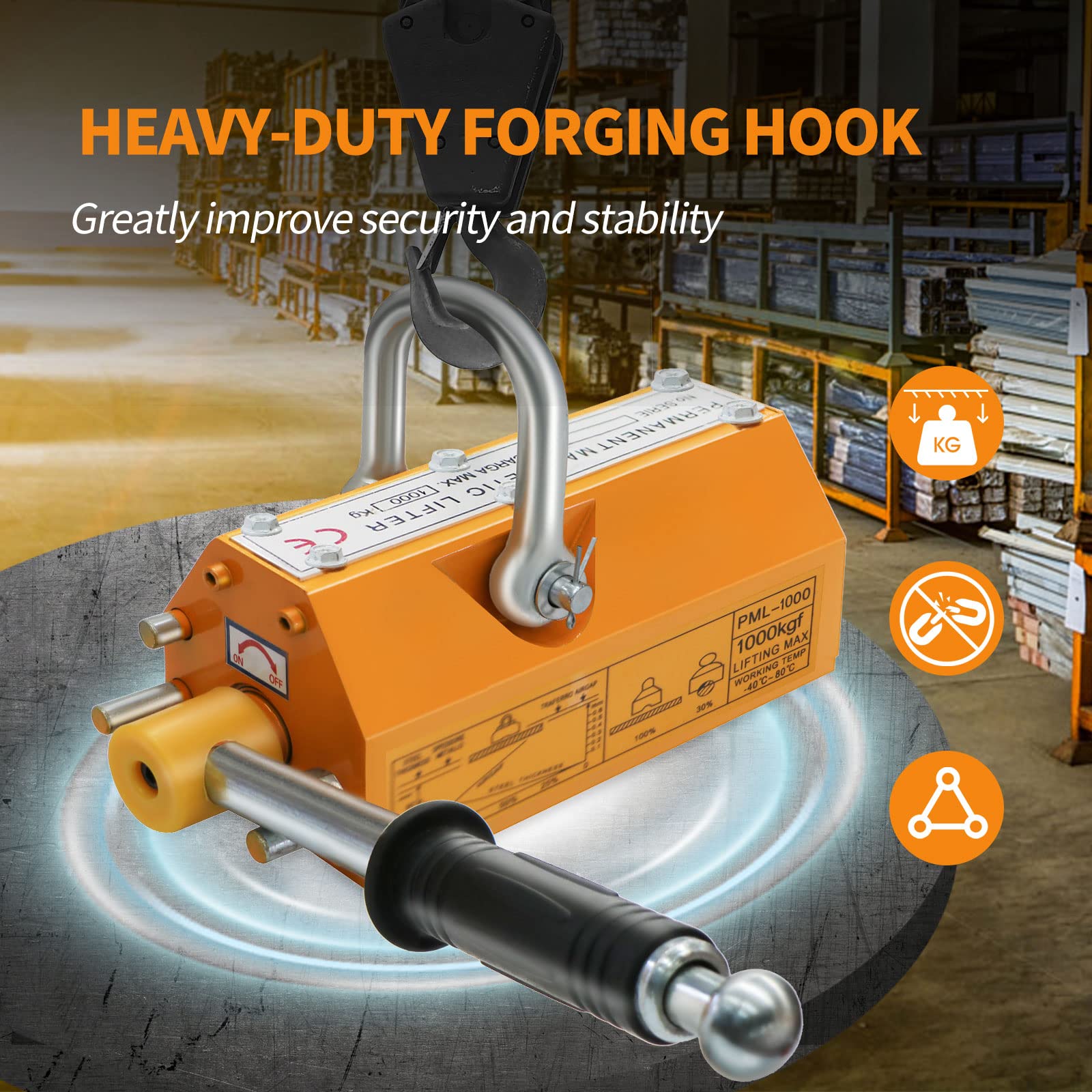 RYFT 2200Lbs Permanent Magnetic Lifter with Release - 1000KG Heavy Duty Neodymium Lifting Magnet for Shop Crane, Hoist, Steel Plate & Board Handling - Ideal for Construction, Metal Fabrication & Industrial Lifting Operations
