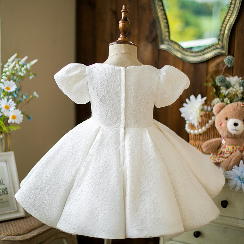 Elegant White Lace Princess Dress with Square Neck & Puff Sleeves - Perfect for Birthday Parties, Weddings & Special Occasions