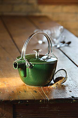 Staub 1-Quart Cast Iron Round Tea Kettle - Basil Green, French Enameled Cookware for Stovetop & Tea Brewing - Perfect for Home Kitchen, Camping & Gift Giving