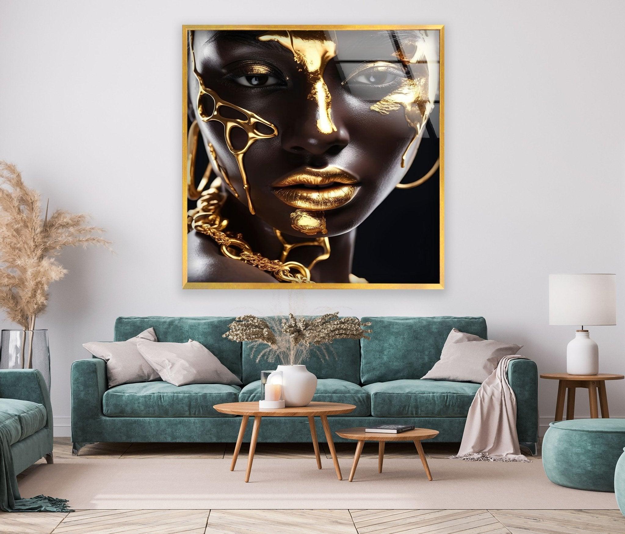 African Gold Woman Glass Wall Art - Handmade African Decor for Living Room, Bedroom & Office - Elegant Home Decor Gift for Women