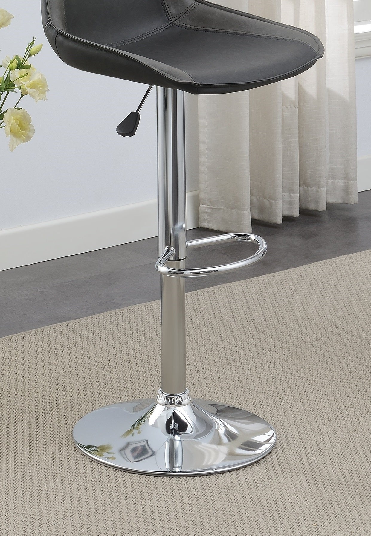 Modern Adjustable Bar Stool Set of 2 - Ebony PU Leather Seat with Chrome Base, Counter Height Kitchen & Dining Stools for Home Bar, Breakfast Nook, and Restaurant Use