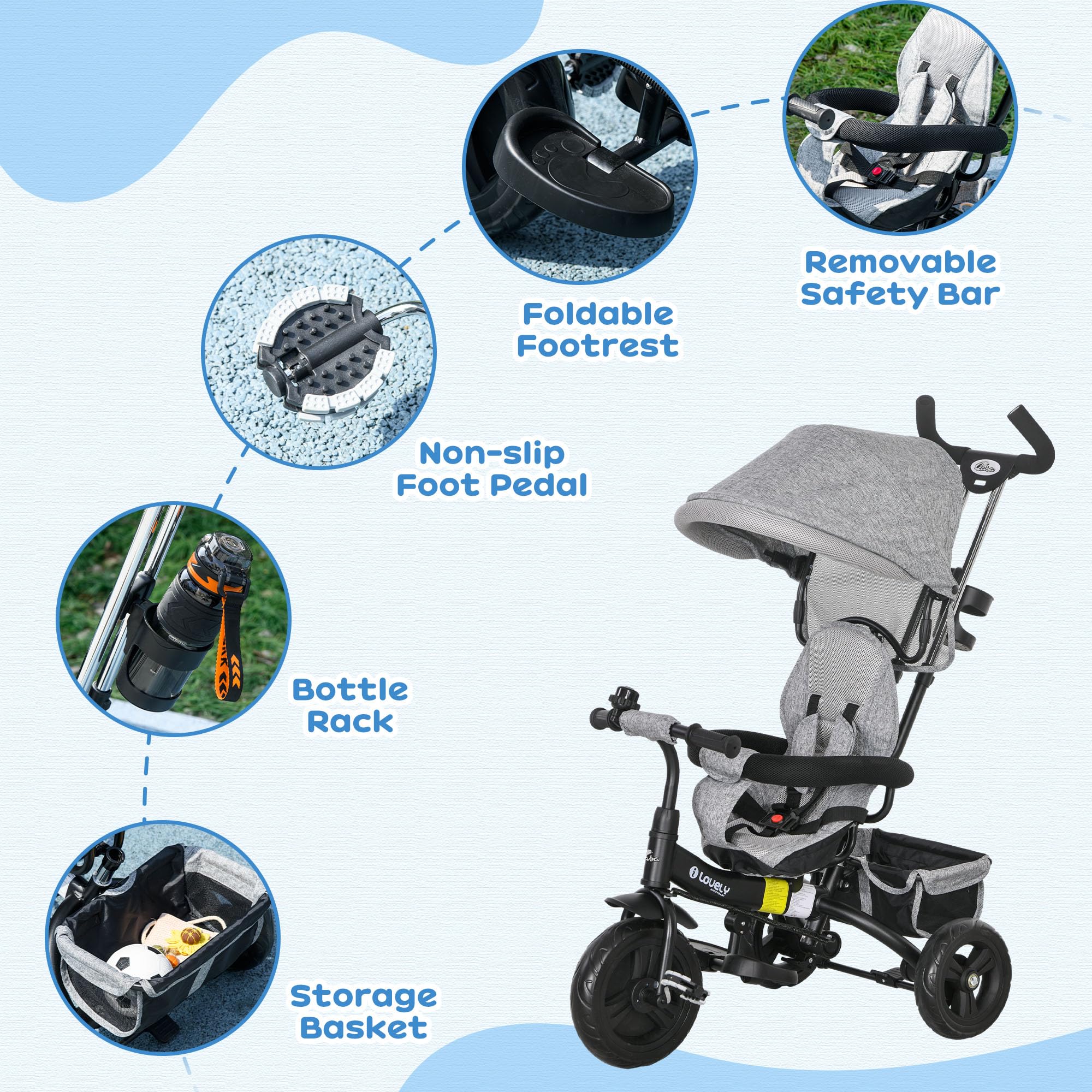 Qaba 6-in-1 Toddler Tricycle with Foldable Canopy & Storage Basket - Adjustable 5-Point Safety Harness Trike for Kids 1-5 Years Old (Grey) - Perfect for Outdoor Play, Park Rides & Learning Balance