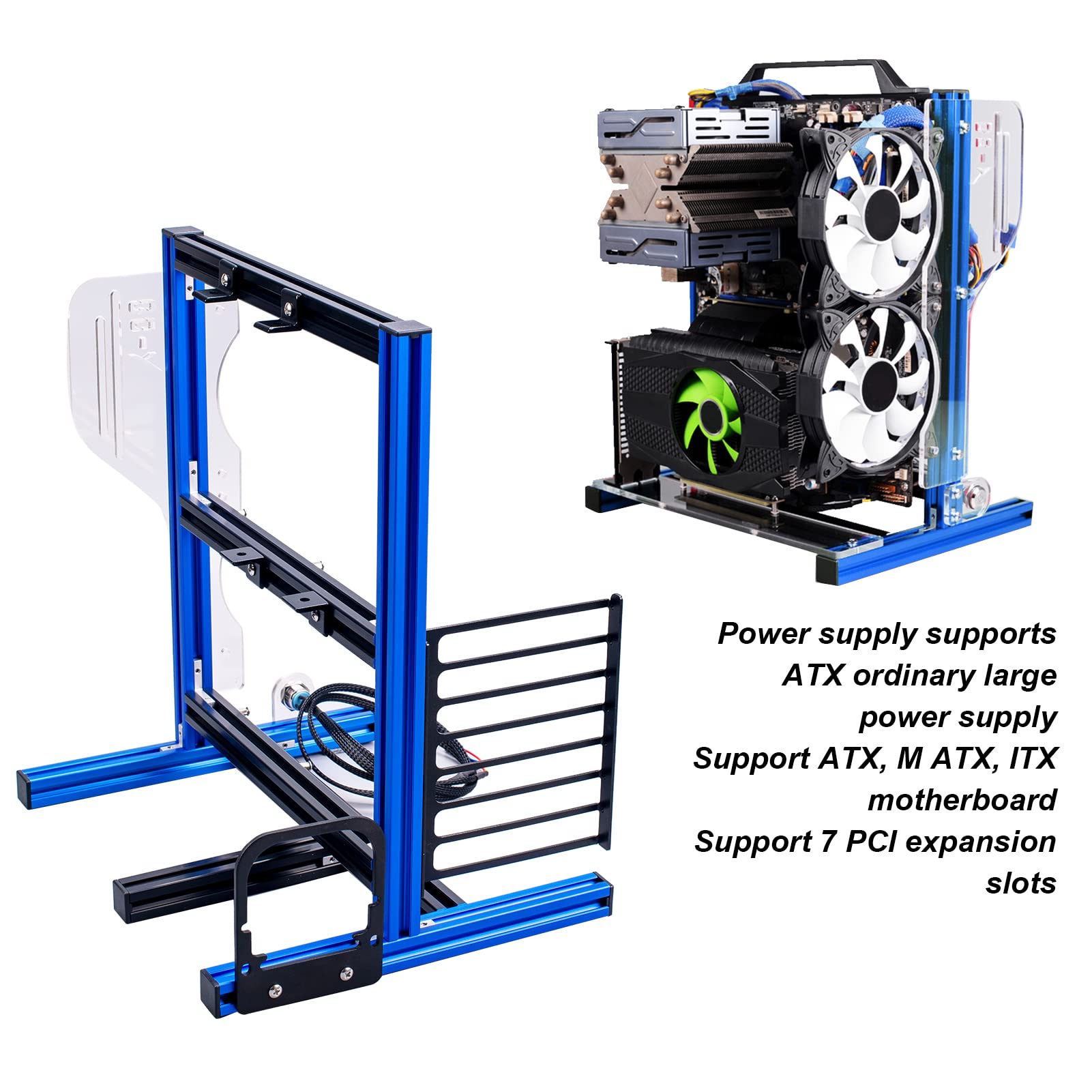 PUSOKEI DIY Open Frame Computer Case Bracket - Vertical Aluminum Stand for ATX/MATX/ITX Motherboards - Full Naked Heat Dissipation (Blue) - Perfect for Custom PC Builds, Gaming Rigs & Tech Showcases