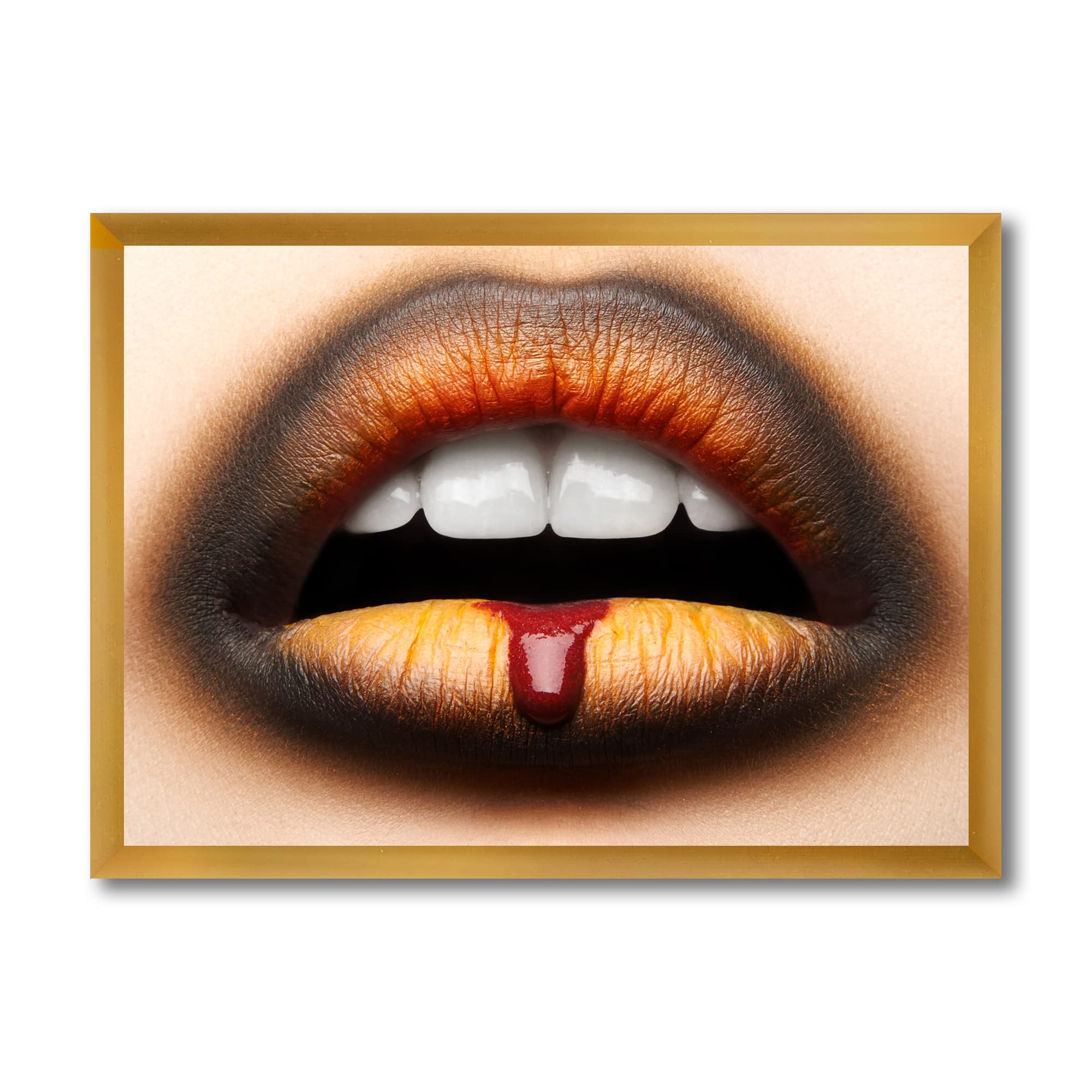 DesignQ Modern Framed Wall Art - Black & Orange Lipstick Female Lips Painting - Perfect for Living Room, Bedroom, Office Decor