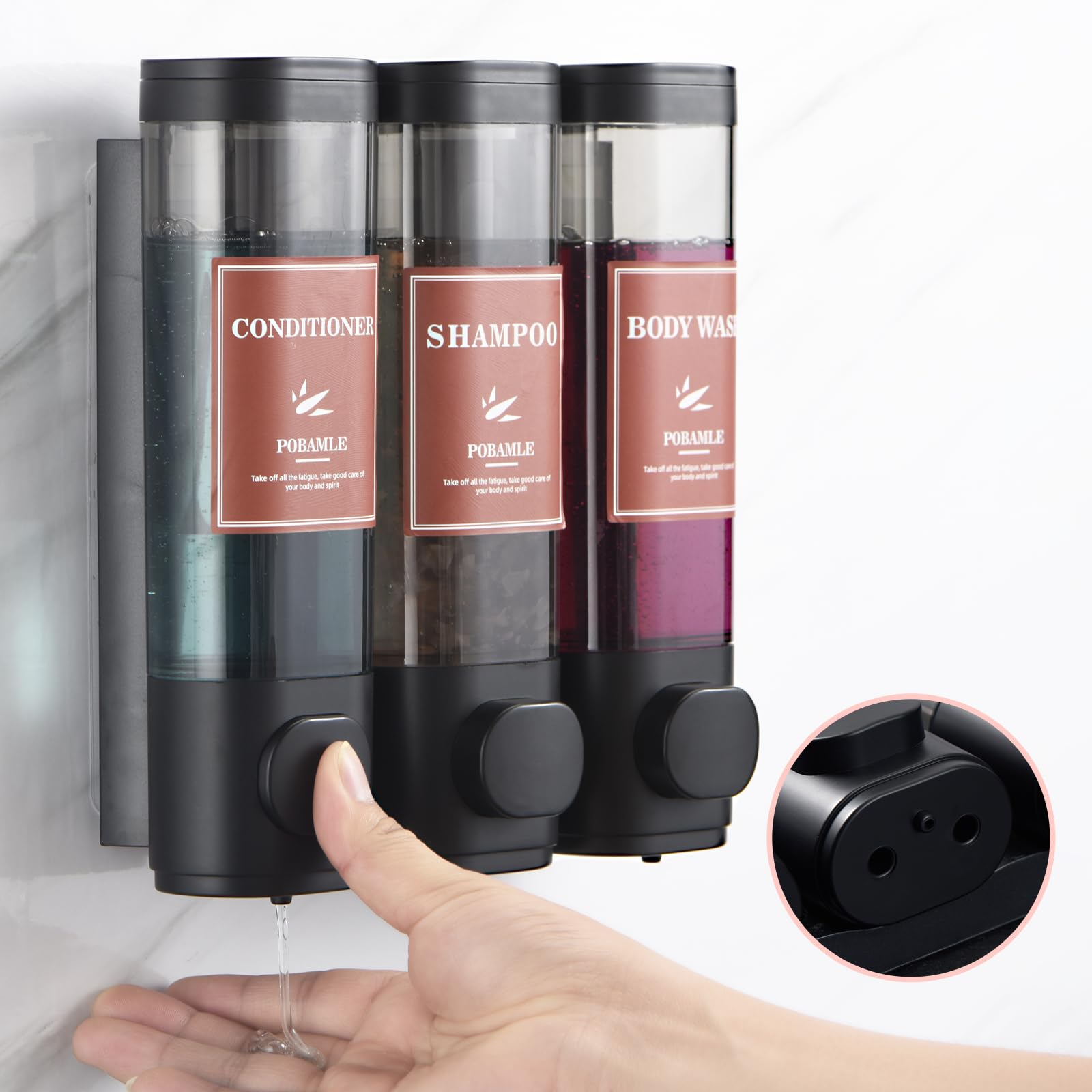 3-Chamber Wall Mounted Shampoo & Conditioner Dispenser - No Drill Bathroom Soap Dispenser for Shower, Holds Body Wash & Shower Gel (Black) | Perfect for Small Bathrooms & Shared Showers
