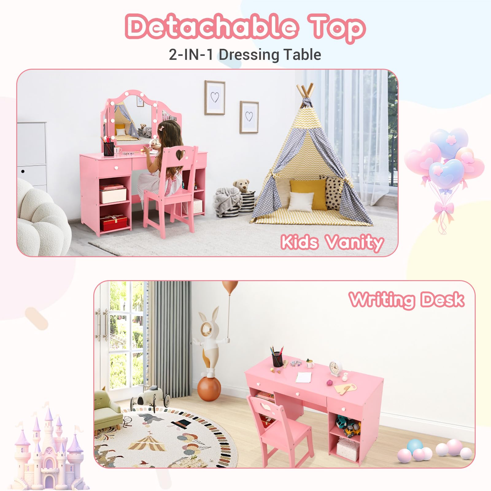 Kids Vanity with Lights & Storage - Princess Makeup Vanity Desk with Touch Light, Detachable Tri-Folding Mirror & Chair Set | 2-in-1 Wooden Toddler Vanity Table for Girls | Perfect for Bedroom Decor, Birthday Gifts & Pretend Play