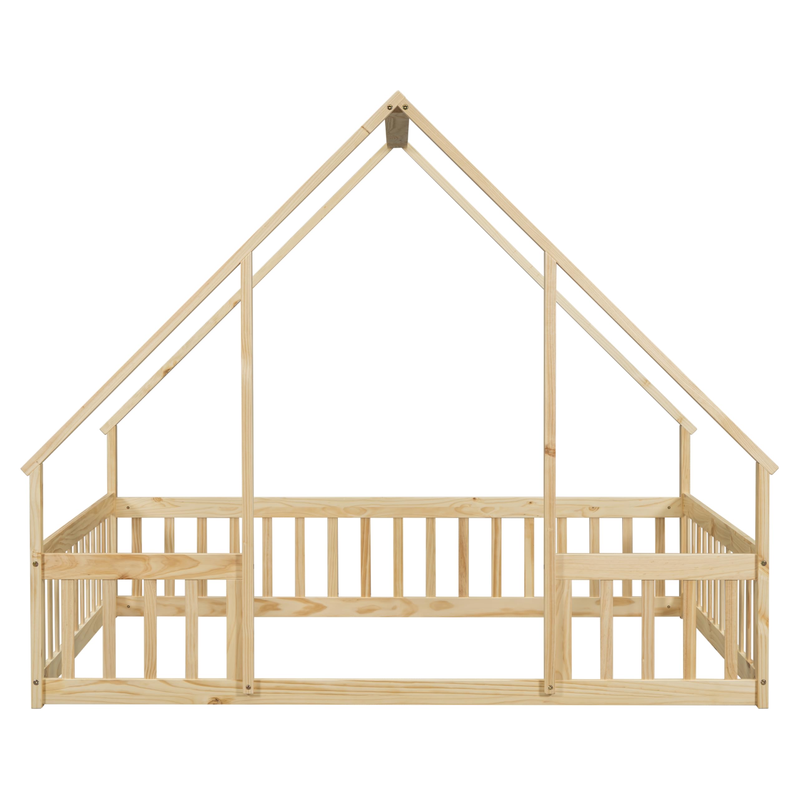 Bellemave Full Size Wooden House Floor Bed for Kids - Montessori Style Playhouse Bed with Safety Fence for Boys & Girls - Natural Wood Toddler Bed for Bedroom, Playroom or Nursery