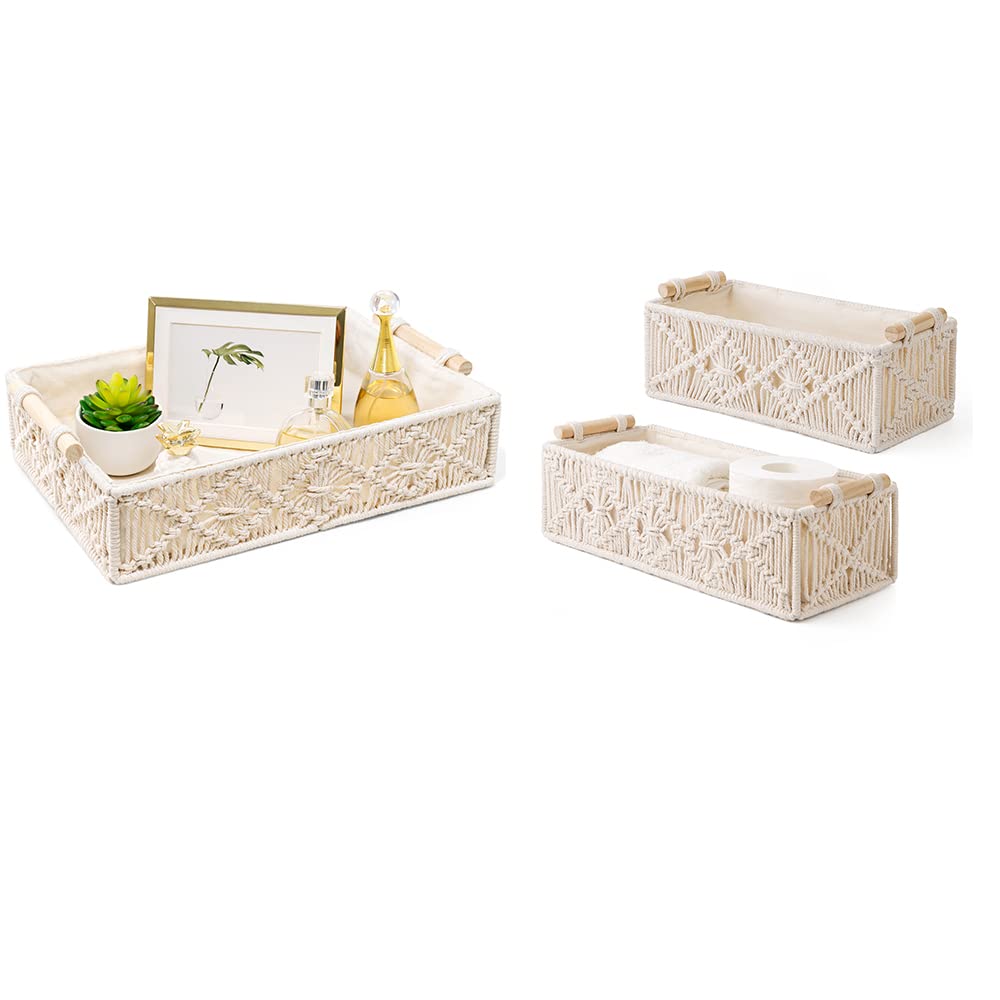 Mkono Macrame 2-Pack Storage Baskets with Decorative Tray - Boho Wall Hanging Organizer for Bedroom, Nursery, Living Room, Dorm - Perfect for Home Decor, Plant Holders, and Gift Storage