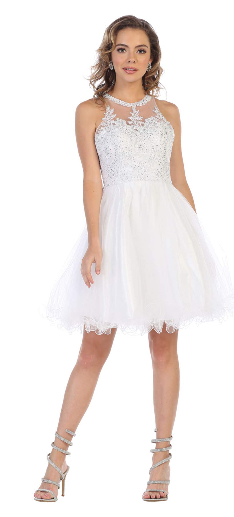 FDS1643 Elegant Semi-Formal Homecoming Dress for Teens - White, Size 16 - Perfect for School Dances, Prom, and Special Occasions