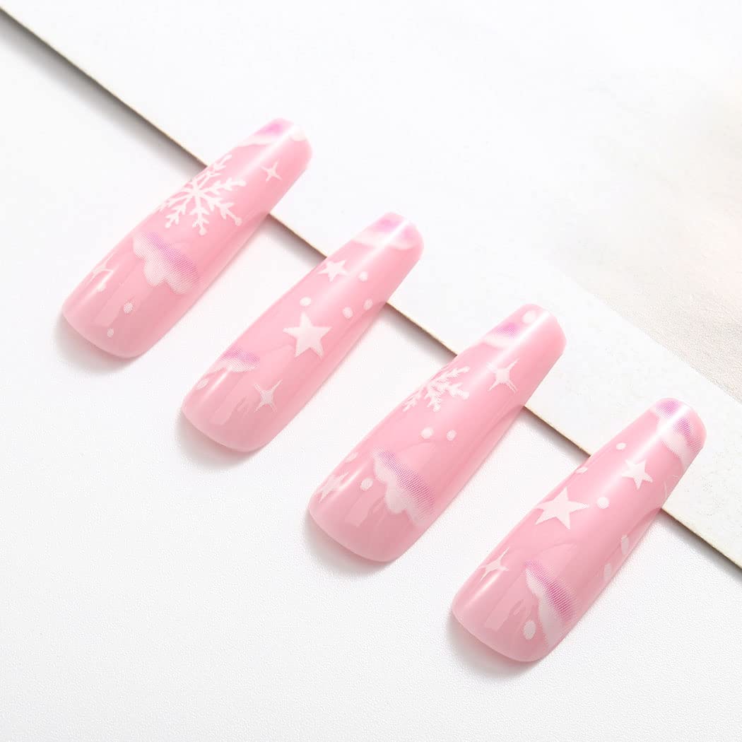 Christmas Snowflake Press-On Nails - Glossy Pink Coffin Fake Nails Long Cute Ballerina Style, Full Cover Artificial False Nails Tips for Women & Girls (24Pcs, Style B) - Perfect for Holiday Parties, Gift Giving & Special Occasions