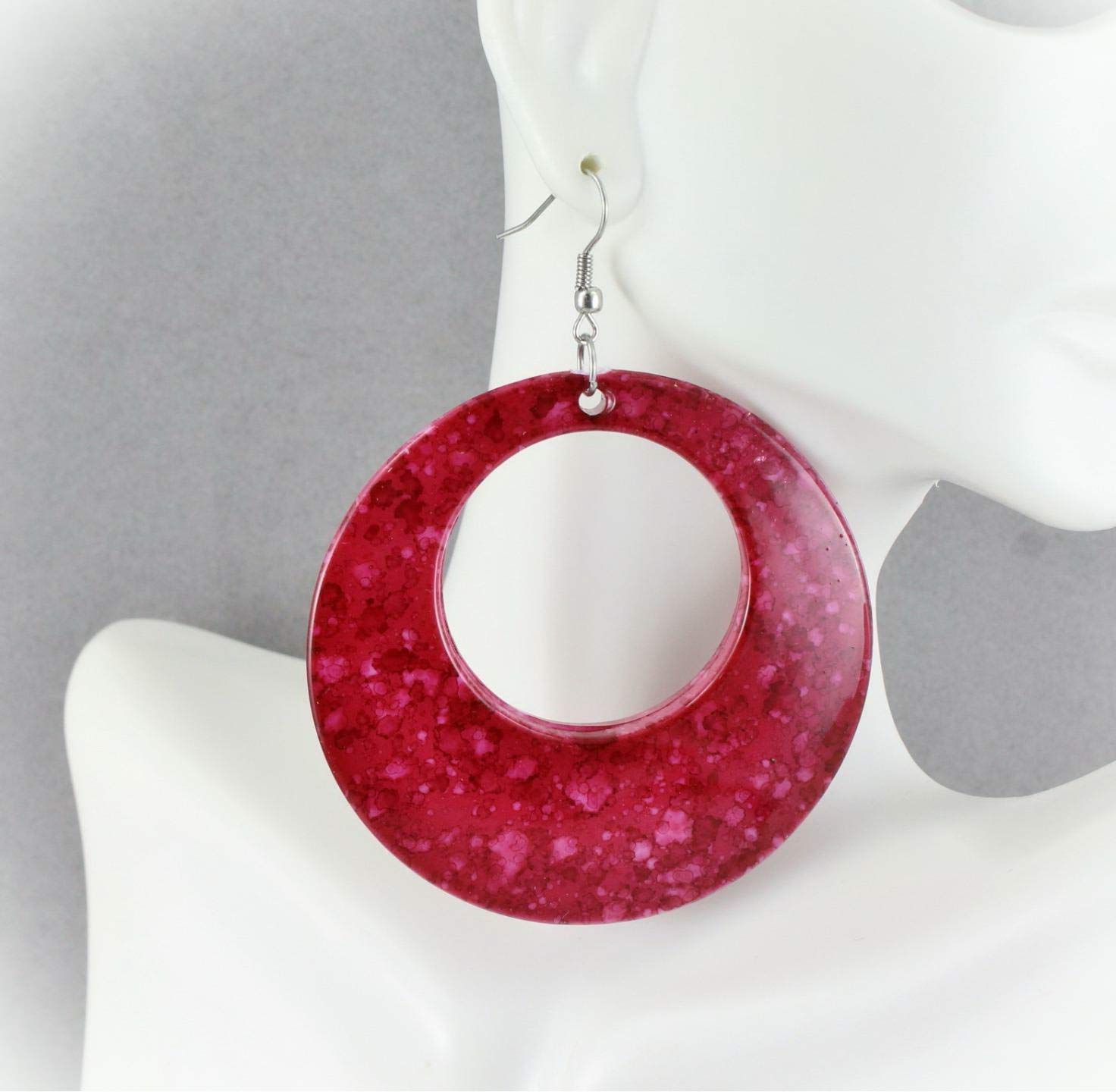 Pink Plastic Dangle Earrings for Women - Marbled Pattern Circle Hoop Earrings Set (3 3/8