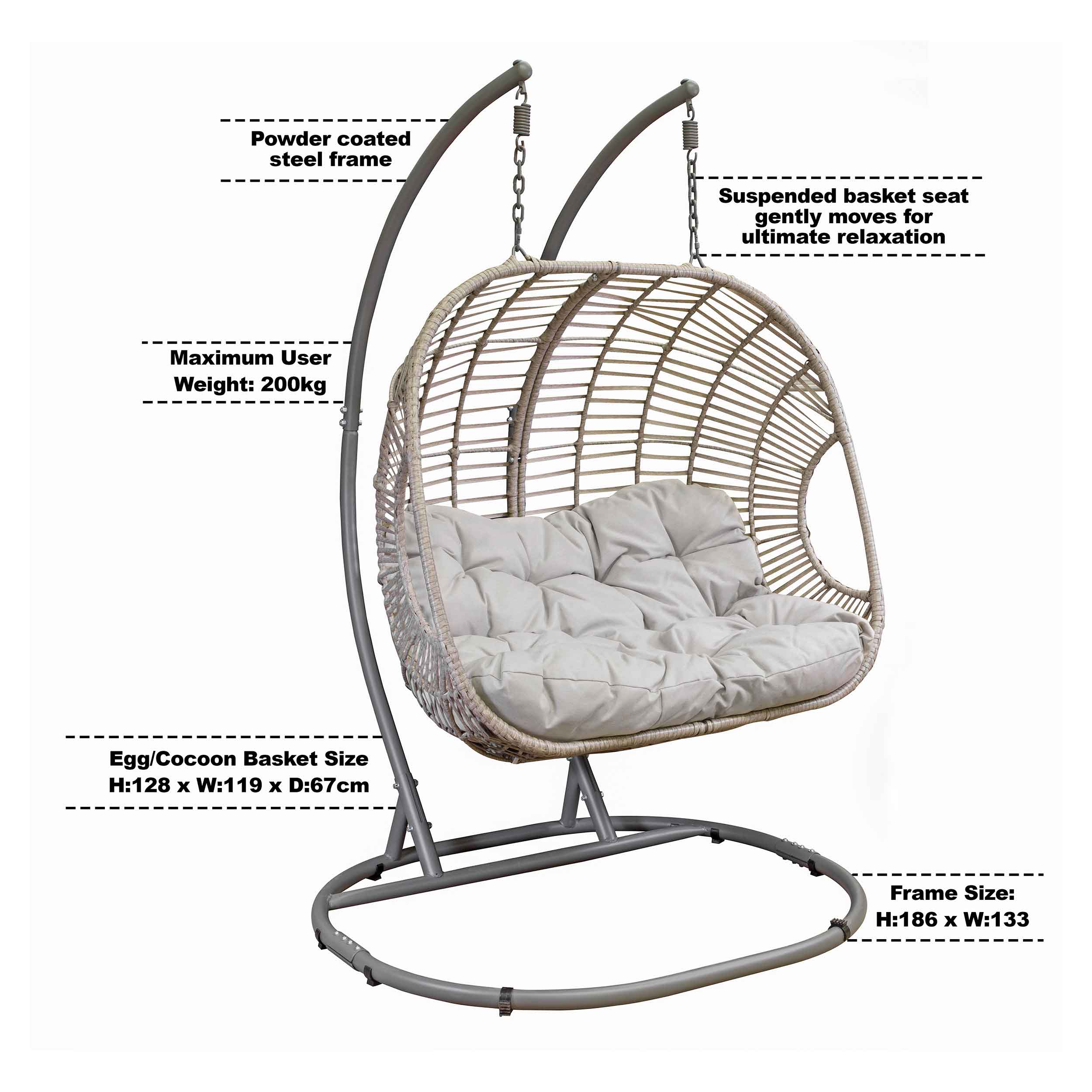 Egg Hanging Double Swing Chair - Wicker Rattan Basket with Sturdy Steel Frame - Perfect for Patio, Garden, and Backyard Relaxation