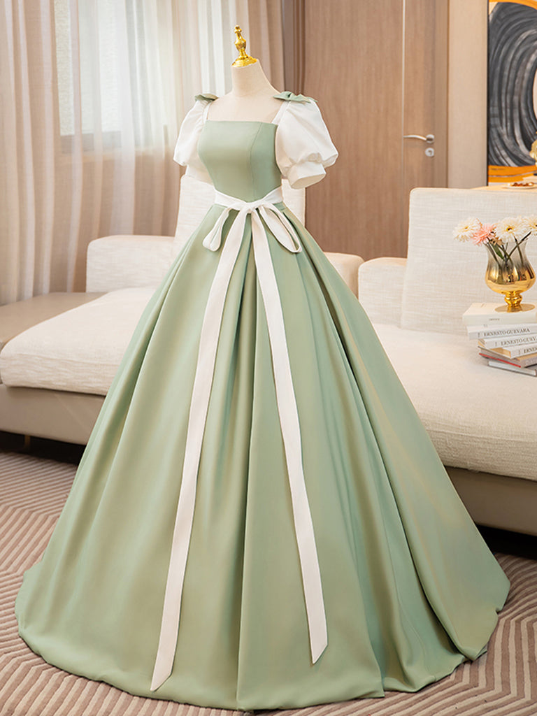 Elegant Puff Sleeves A-Line Satin Prom Dress in Green/White - Long Formal Evening Gown for Homecoming, Wedding Guest & Special Occasions