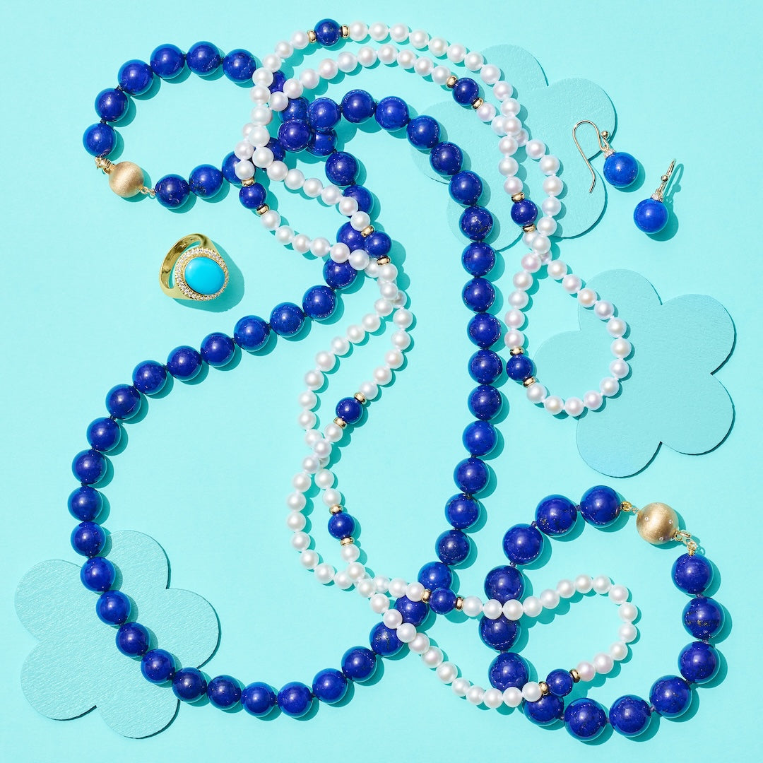 6mm Pearl & Lapis Lazuli Beaded Rope Necklace for Women - Elegant Boho Jewelry Gift for Bridesmaids, Party, Wedding & Special Occasions