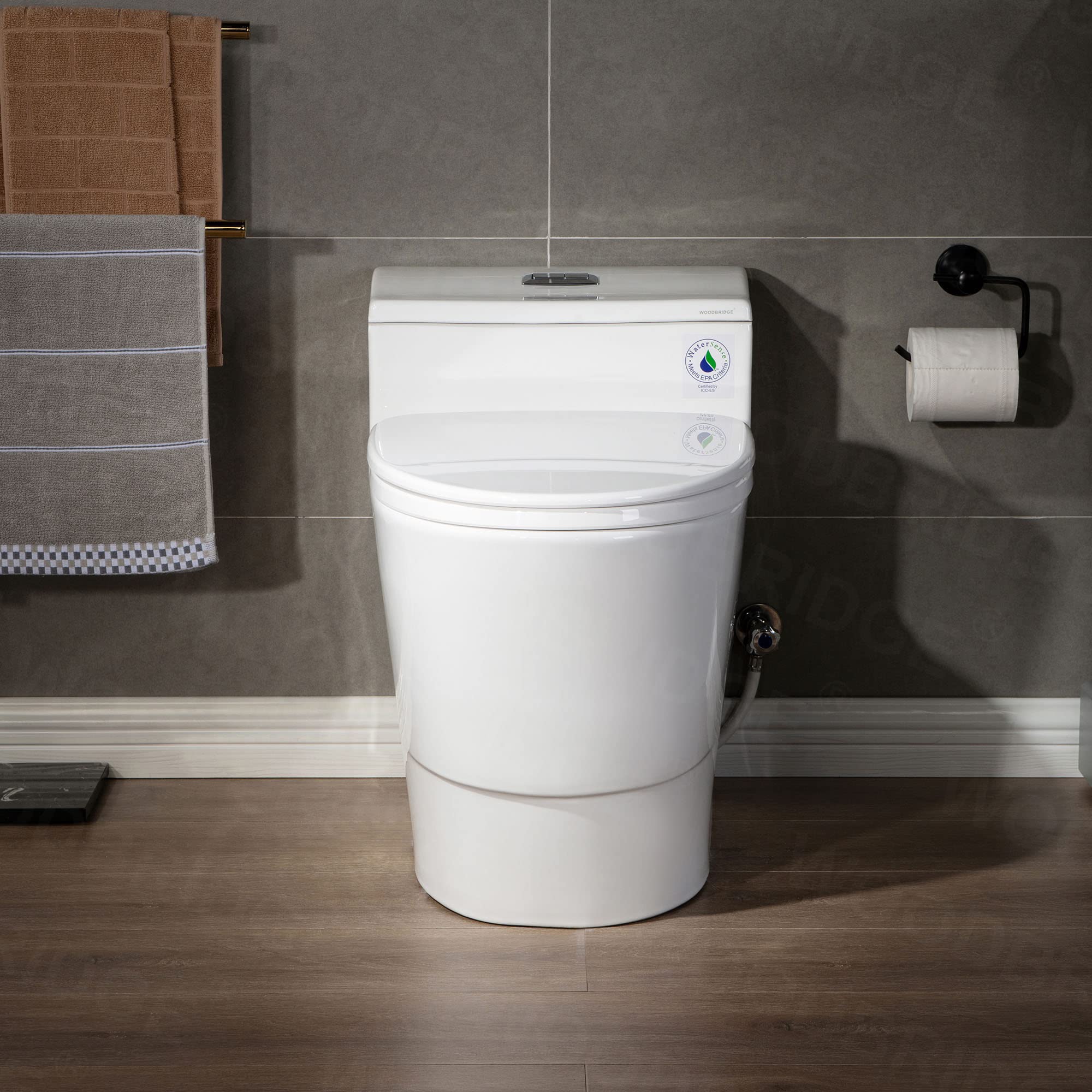 WOODBRIDGE T-0018/B-0735 Dual Flush Elongated One Piece Toilet with Soft Closing Seat, Comfort Height, White - Modern Bathroom Design for Home & Commercial Use