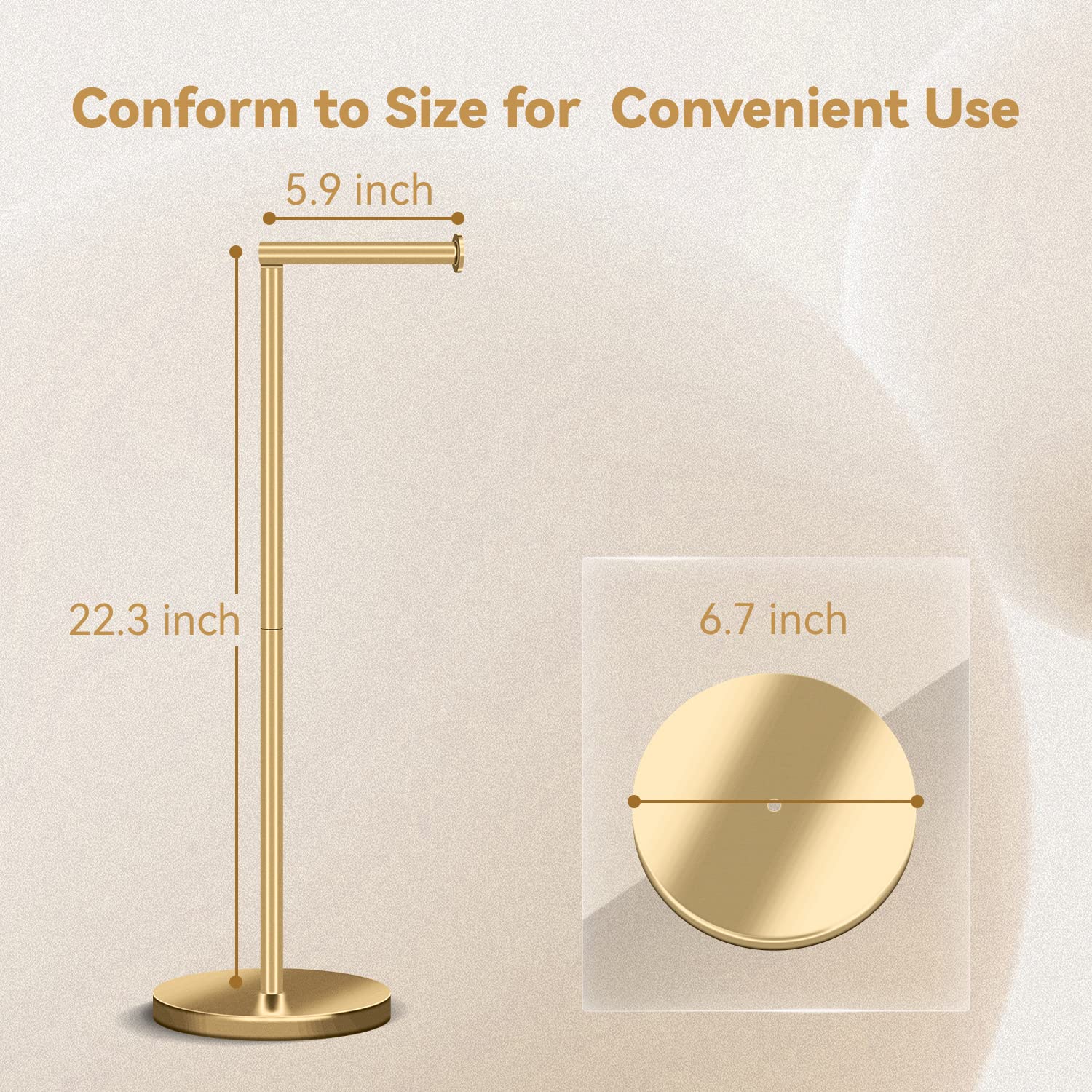 RRM Free Standing Toilet Paper Holder Stand - 22-Inch Stainless Steel Bathroom Tissue Dispenser with Reserve Storage for 3-4 Rolls (Golden) - Perfect for Home, Office & Guest Bathrooms