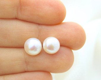 JORA Sterling Silver White Button Freshwater Pearl Stud Earrings for Women - Elegant Gift for Birthday, Anniversary & Special Occasions