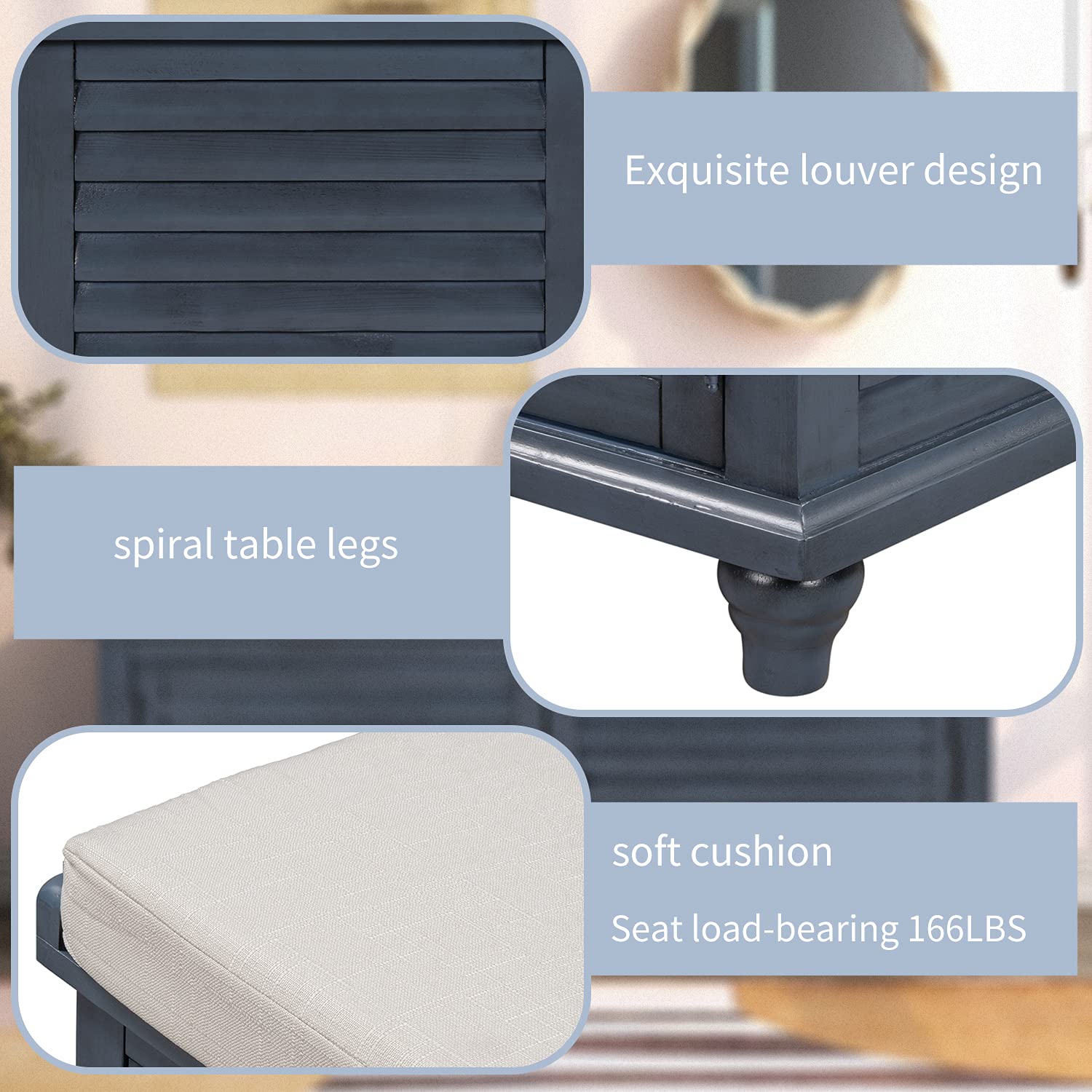 Solid Wood Entryway Storage Bench with Removable Cushion & 2 Doors - Louver Shoe Bench for Hallway, Living Room, Bedroom - Navy Blue Organizer for Shoes, Hats & Home Decor