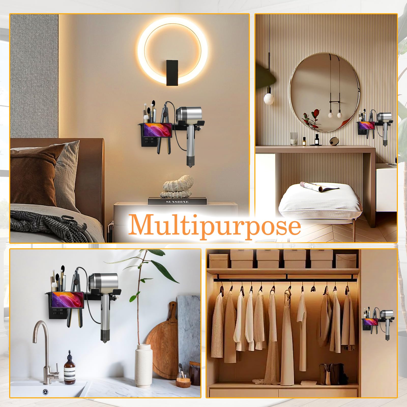 Wall Mounted Blow Dryer Holder & Hair Tool Organizer - Black with Comb | Space-Saving Bathroom Accessory for Hair Dryer, Straightener & Styling Tools | Perfect for Small Bathrooms, Salons & Vanity Organization