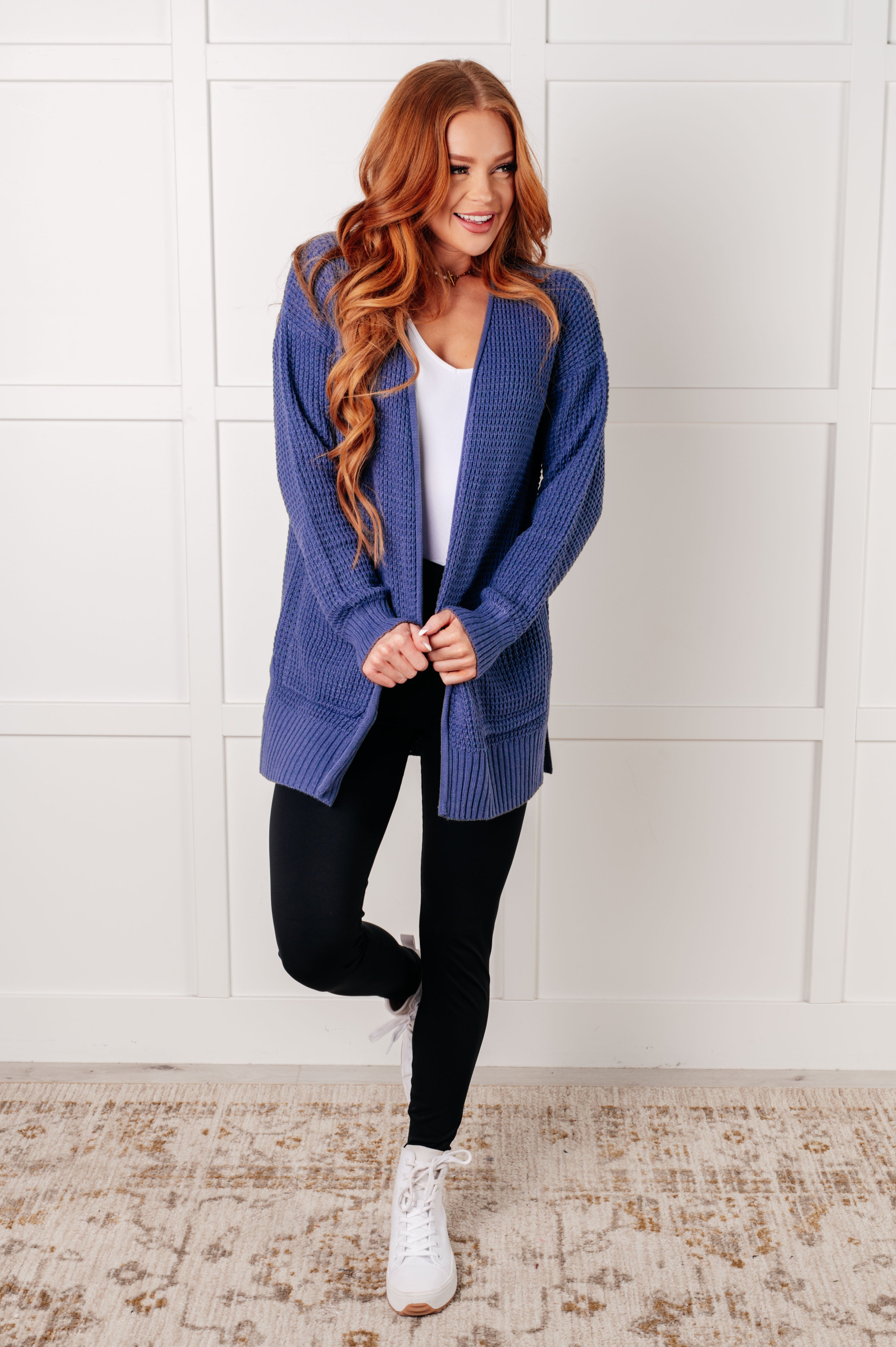 Everything Layer Waffle Knit Open Front Cardigan Sweater - Cozy Marlin Blue Long Sleeve Wrap Cardigan for Women | Perfect for Fall, Winter & Layering Outfits