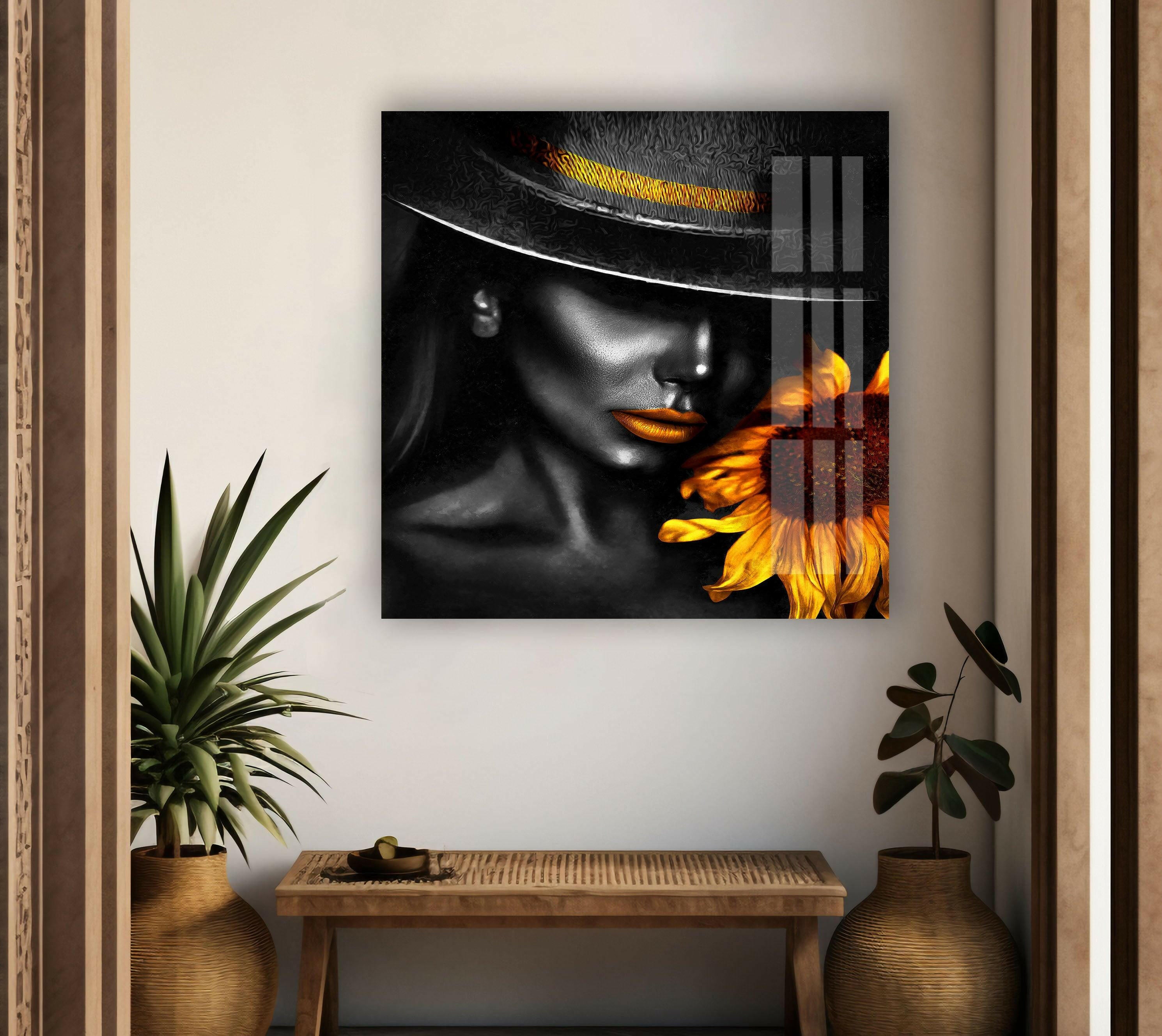 Black Woman and Sunflower Glass Wall Art - Elegant Home Decor for Living Room, Bedroom & Office - Perfect Gift for Housewarming, Birthday & Mother's Day