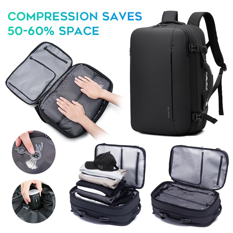 BANGE Airback Expandable Travel Backpack with Built-in Electronic Scale & Vacuum Compression Pump - Lightweight Carry-On Backpack for Airplanes, Business Trips & Outdoor Adventures