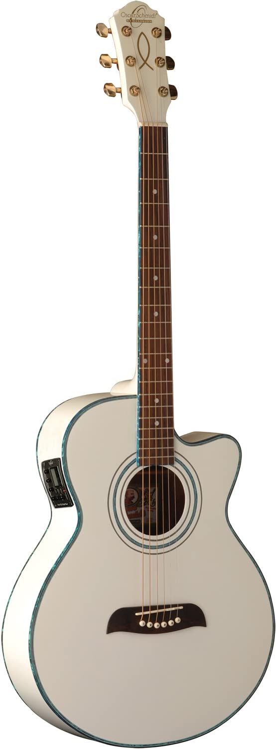 Oscar Schmidt OG10CEWH-A-U Folk Acoustic Electric Guitar with Cutaway - White | Perfect for Beginners, Live Performances & Home Practice