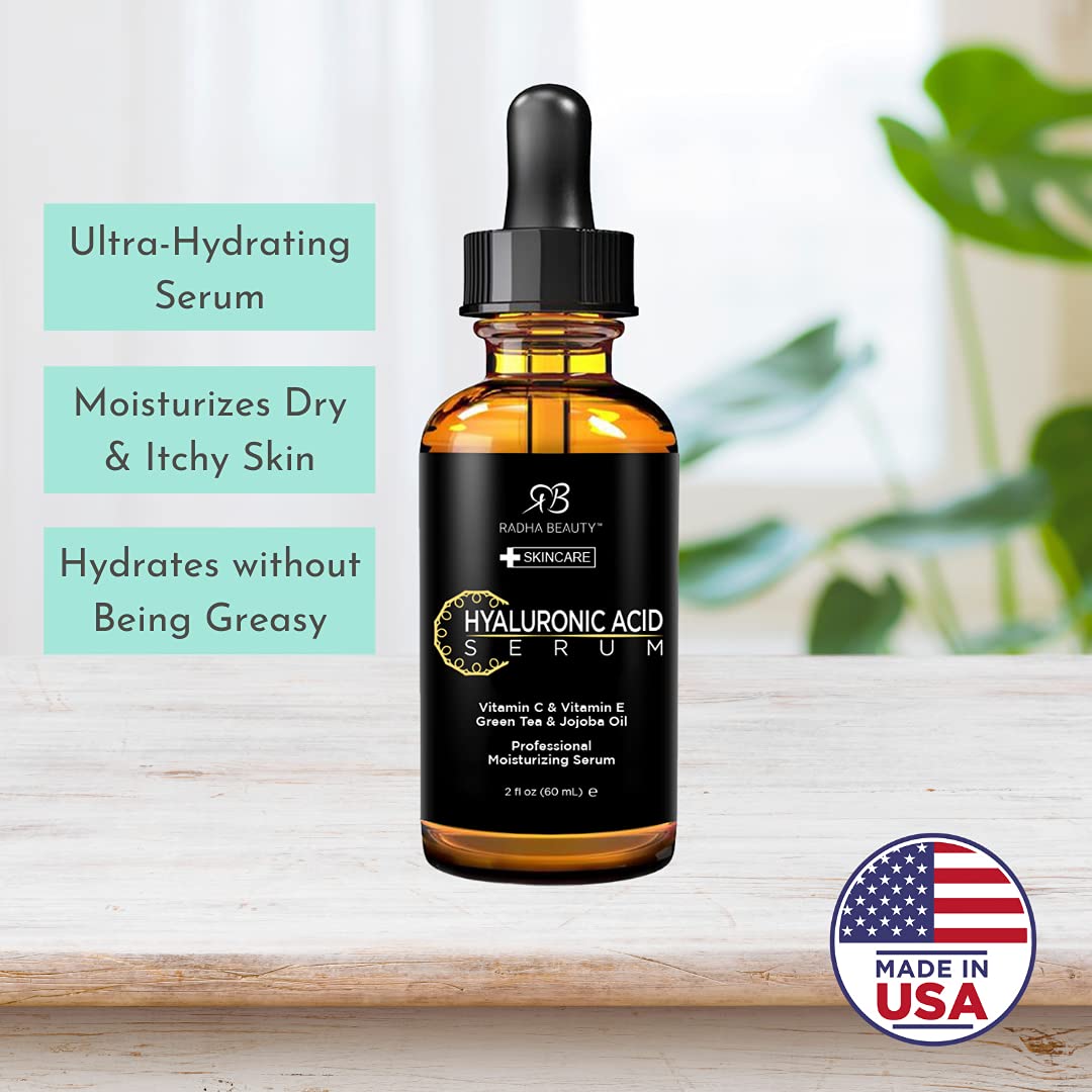 Radha Beauty Hyaluronic Acid Serum for Face - 2 fl oz with Vitamin C, E, Green Tea & Jojoba Oil - Anti-Aging Moisturizer for Wrinkles & Fine Lines - Deep Hydration for Dry Skin - Perfect for Night Routine & Daily Skincare Regimen