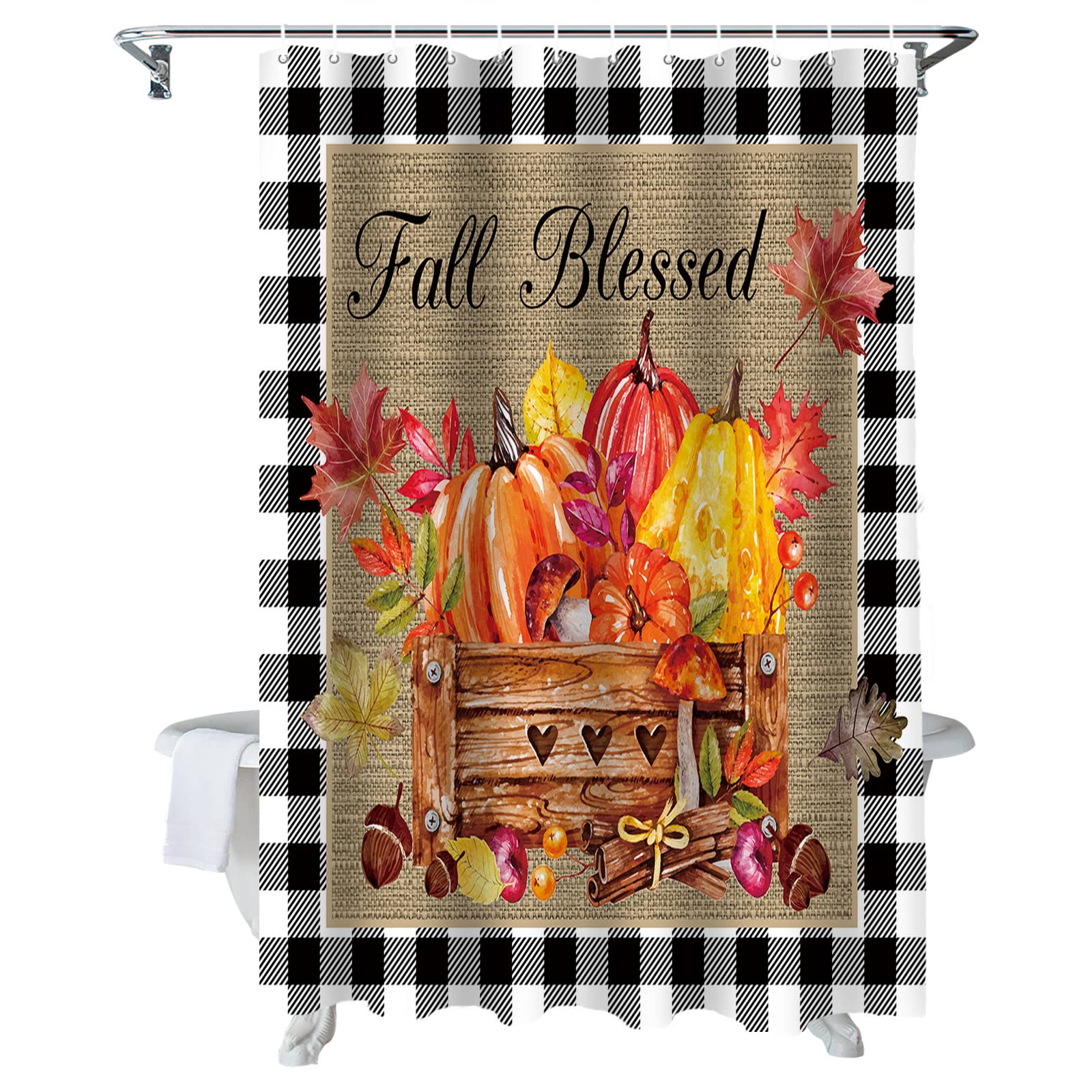 Thanksgiving Shower Curtain 60x72 Inches - Waterproof Polyester Bathroom Curtain with Pumpkin, Maple Leaf & Pine Cone Harvest Design - Includes Hooks for Fall Decor | Perfect for Autumn Bathroom Decorations, Holiday Home Styling & Seasonal Gifts