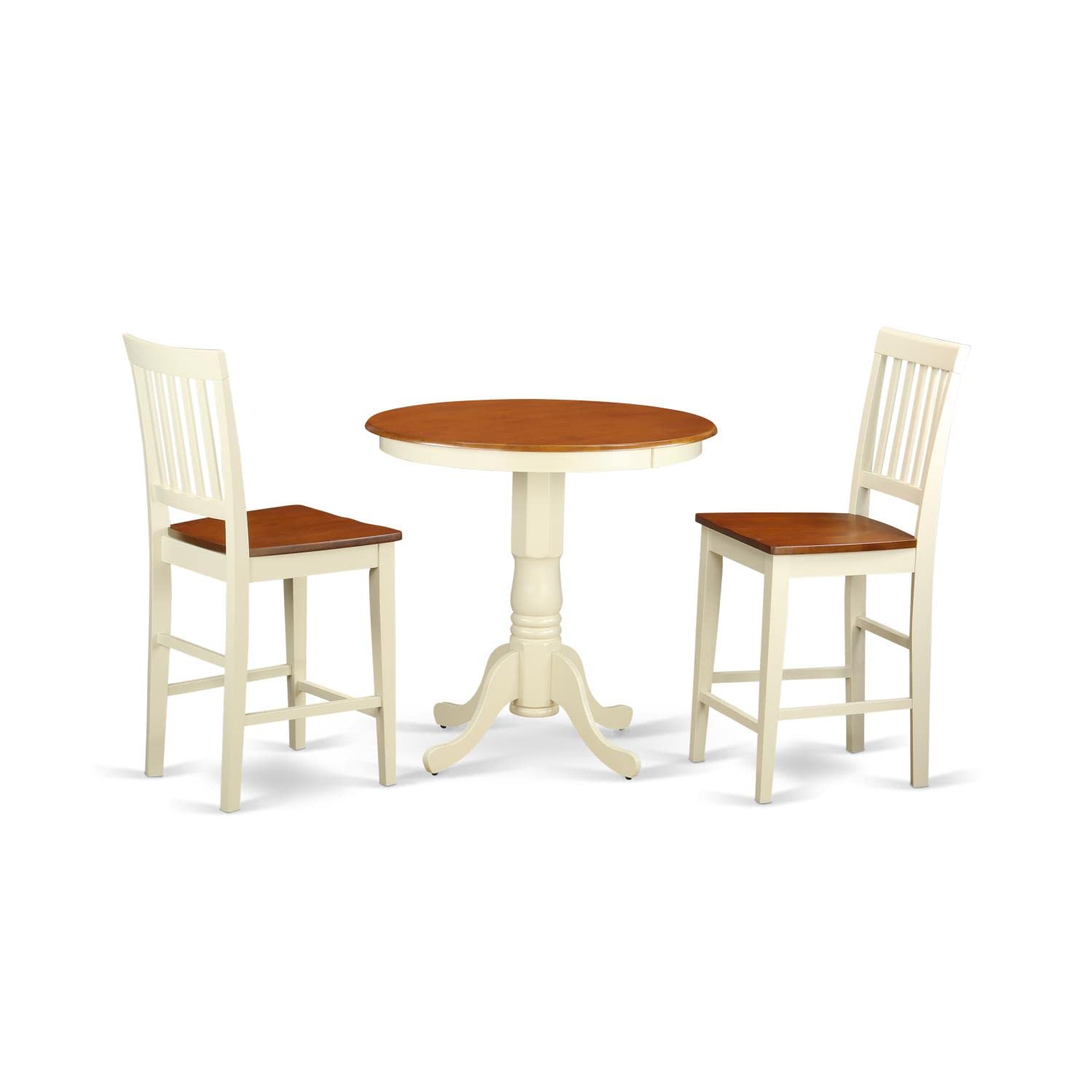 East West Furniture 3-Piece Counter Height Dining Set for Small Spaces - 36x36 Inch Round Table with Pedestal & 2 Wooden Chairs in Buttermilk & Cherry | Perfect for Breakfast Nooks, Kitchen Islands & Compact Dining Areas
